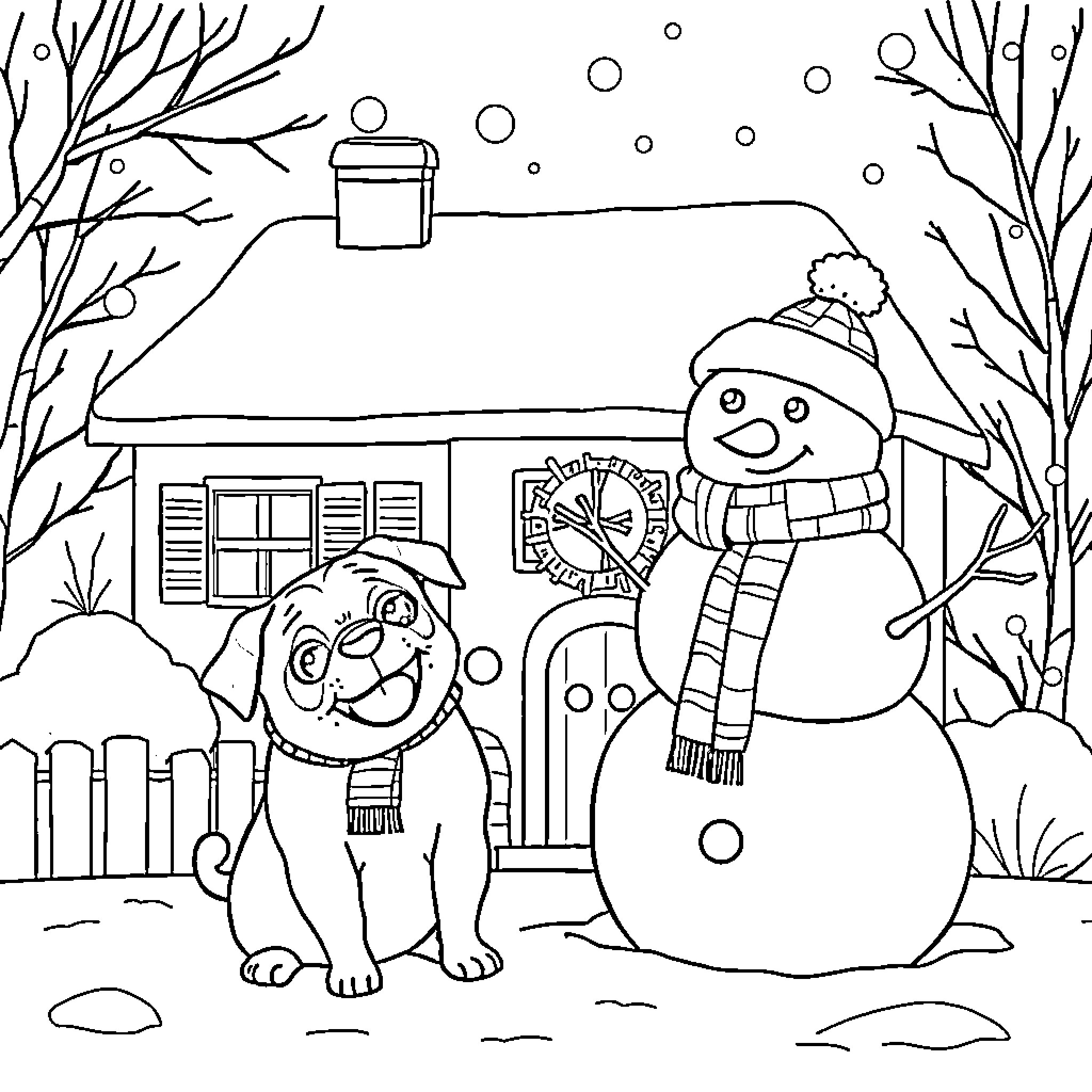 Pug playing with a friendly snowman in winter Coloring Page (free black-and-white line drawing printable PDF for all, from beginners to advanced learners, including children, teens, adults, and seniors)