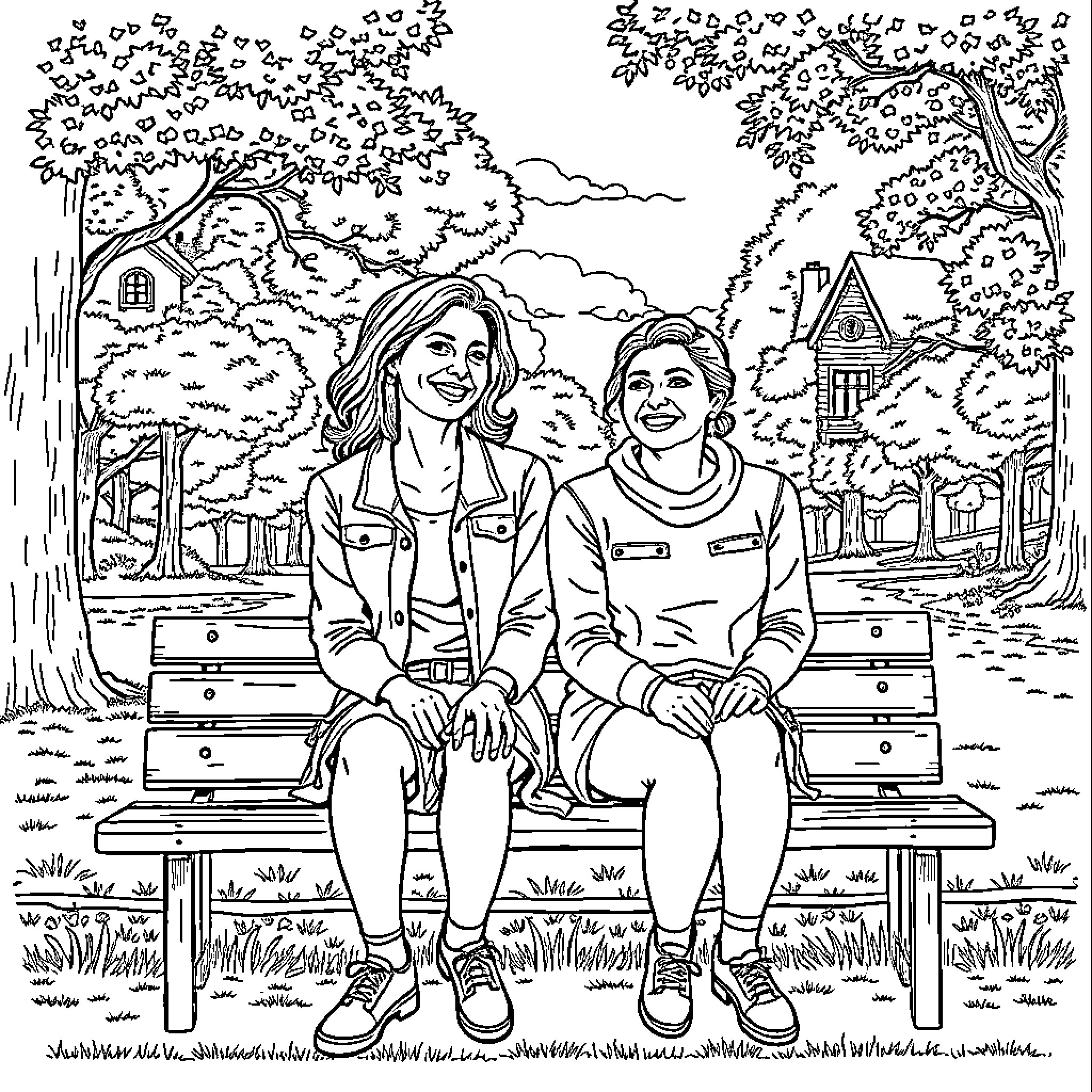 Person enjoying outdoor scenic view with companion Coloring Page (free black-and-white line drawing printable PDF for all, from beginners to advanced learners, including children, teens, adults, and seniors)