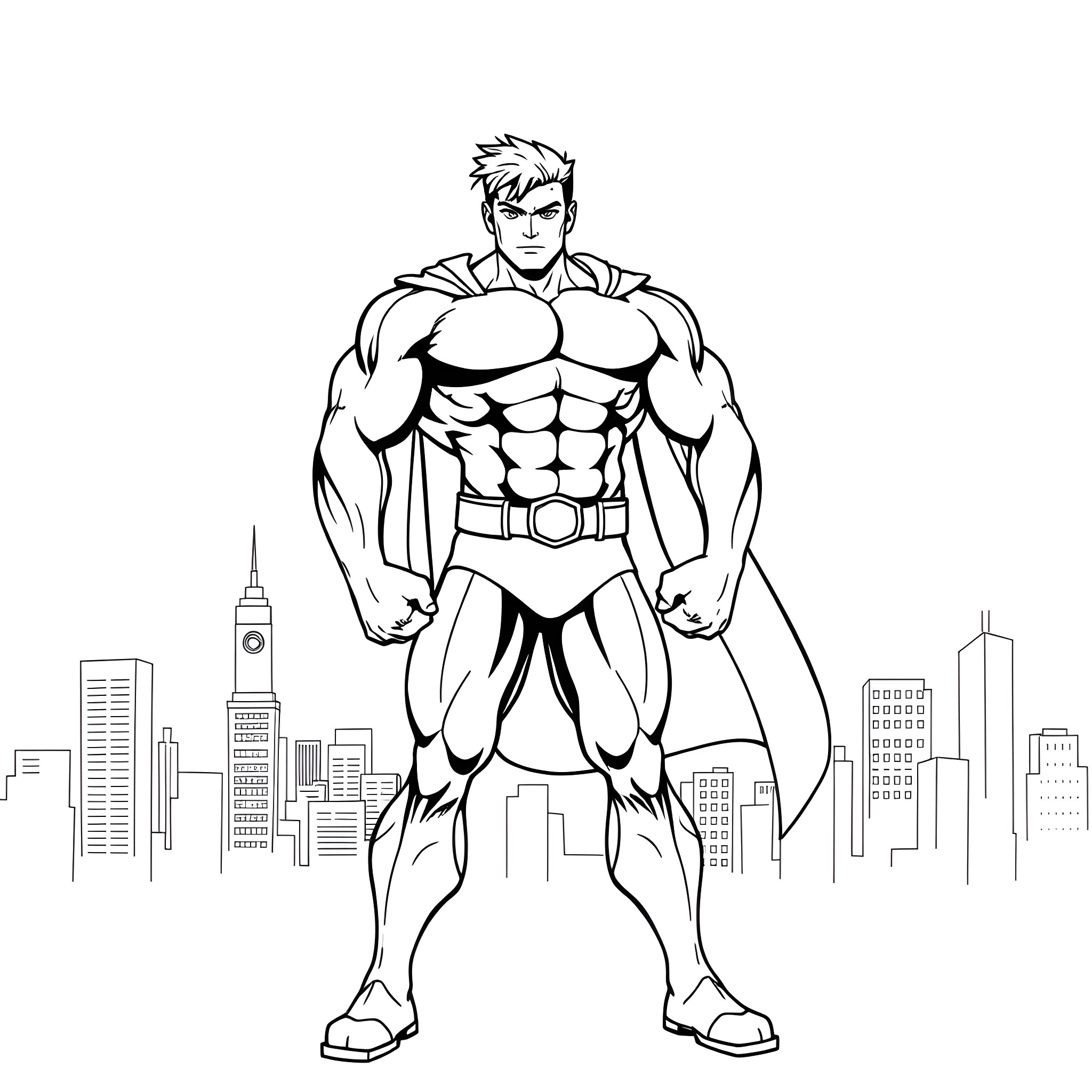 Ethan, the muscular superhero in the city Coloring Page (free black-and-white line drawing printable PDF for all, from beginners to advanced learners, including children, teens, adults, and seniors)