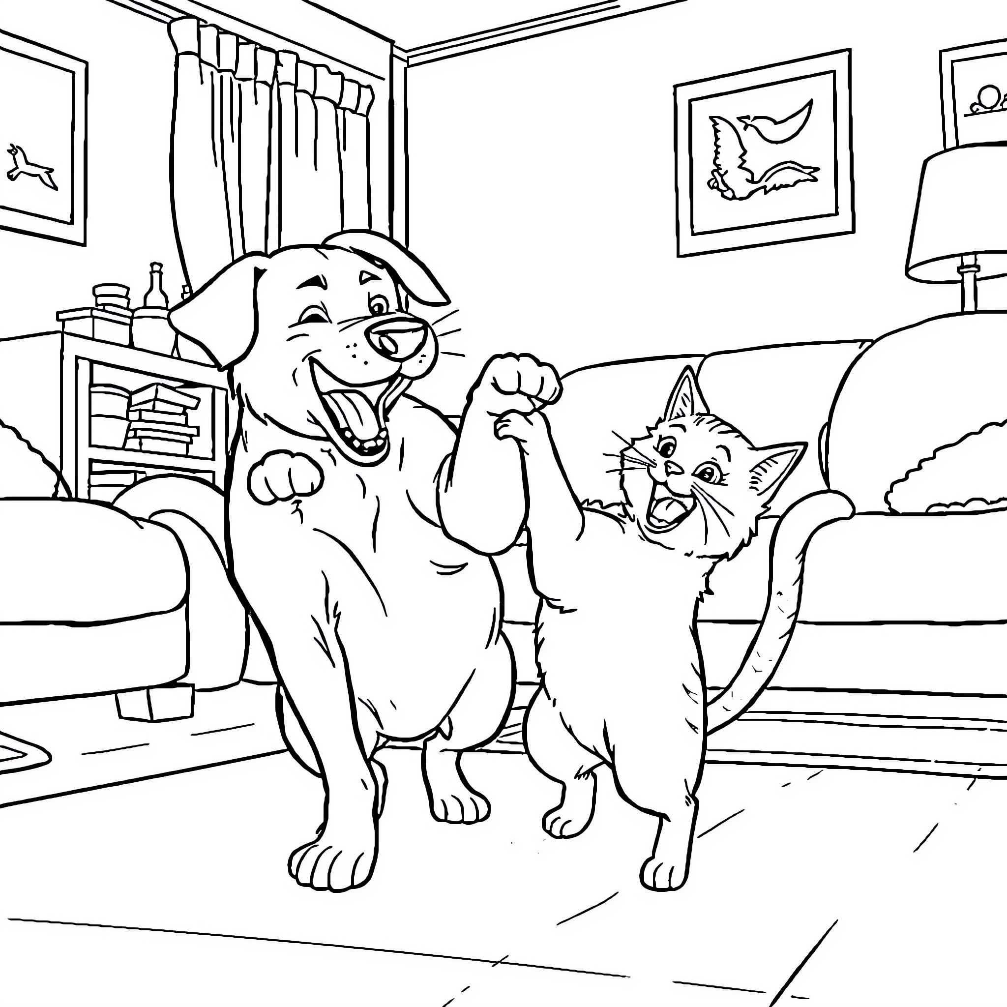 Dog and Cat Celebrating Together Coloring Page (free black-and-white line drawing printable PDF for all, from beginners to advanced learners, including children, teens, adults, and seniors)