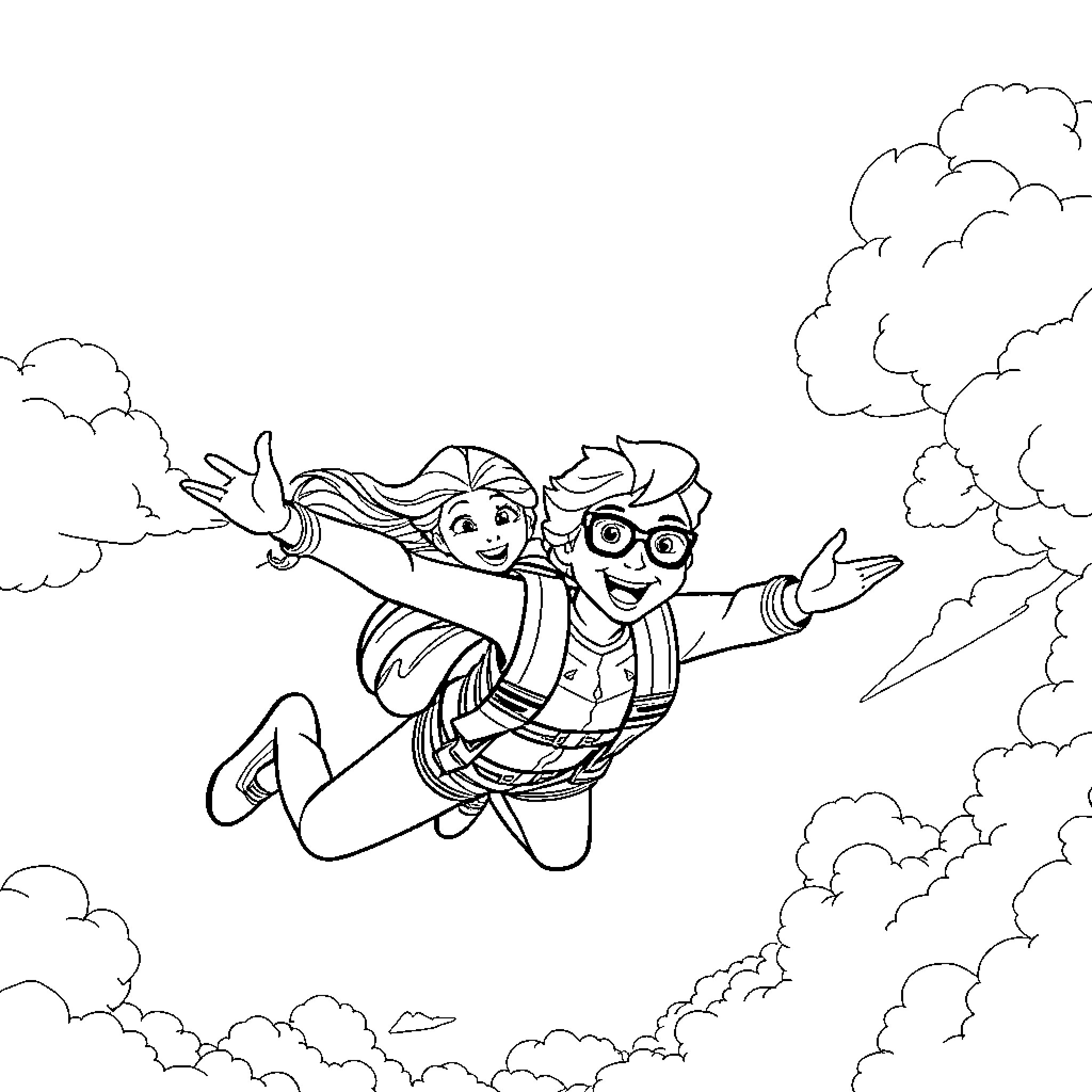 Elsa and friend skydiving in the clouds Coloring Page (free black-and-white line drawing printable PDF for all, from beginners to advanced learners, including children, teens, adults, and seniors)