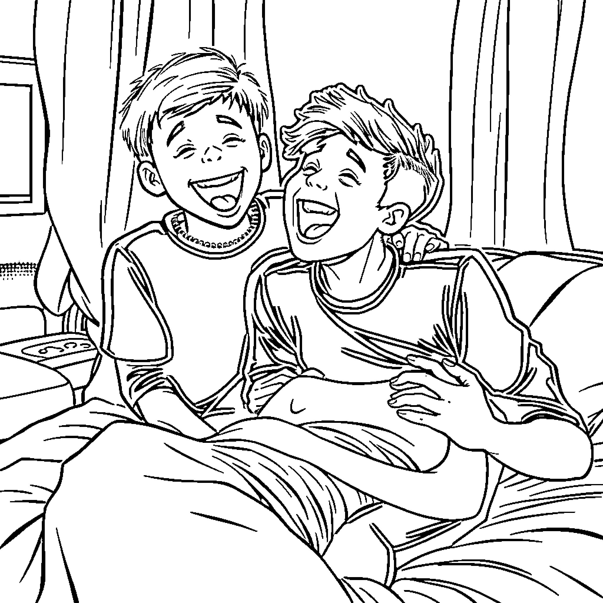 Brothers sharing a joyful moment together Coloring Page (free black-and-white line drawing printable PDF for all, from beginners to advanced learners, including children, teens, adults, and seniors)
