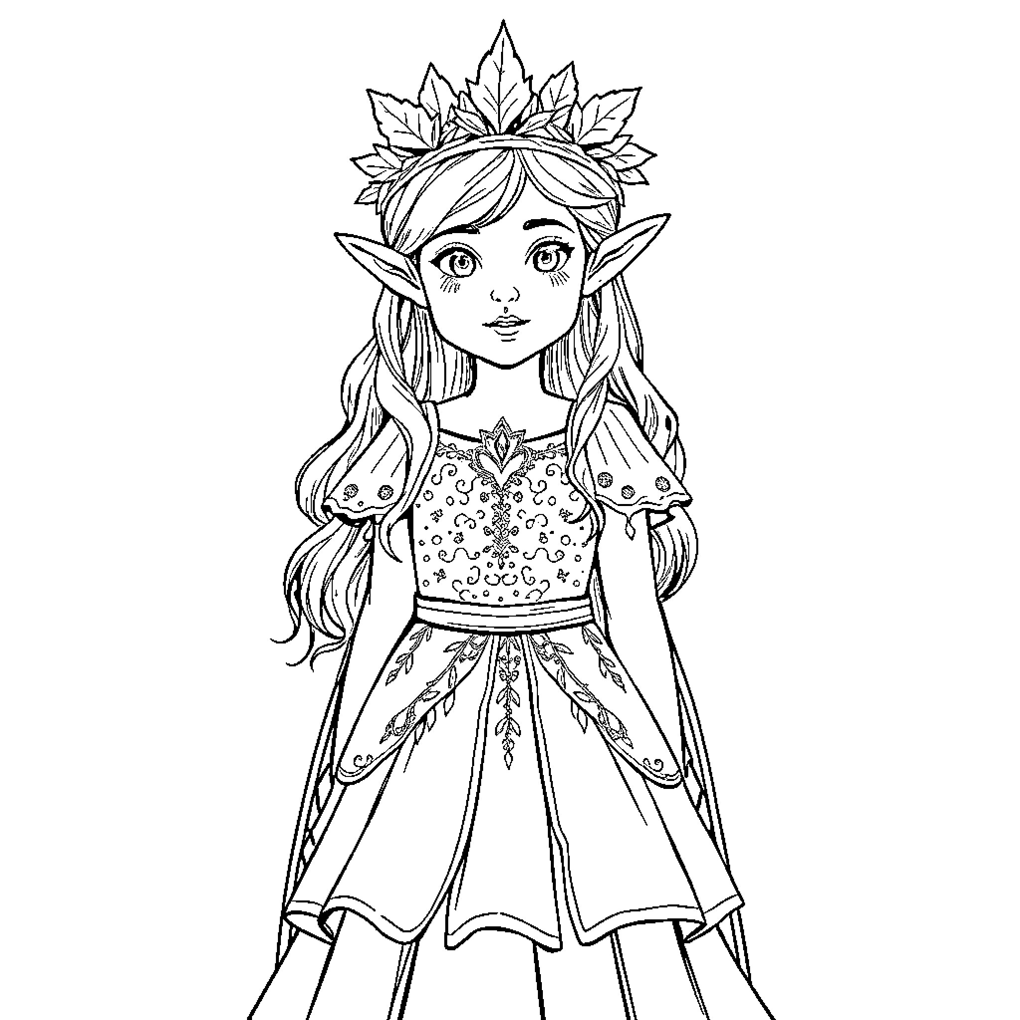 Elven Queen in Ornate Dress and Crown Coloring Page (free black-and-white line drawing printable PDF for all, from beginners to advanced learners, including children, teens, adults, and seniors)