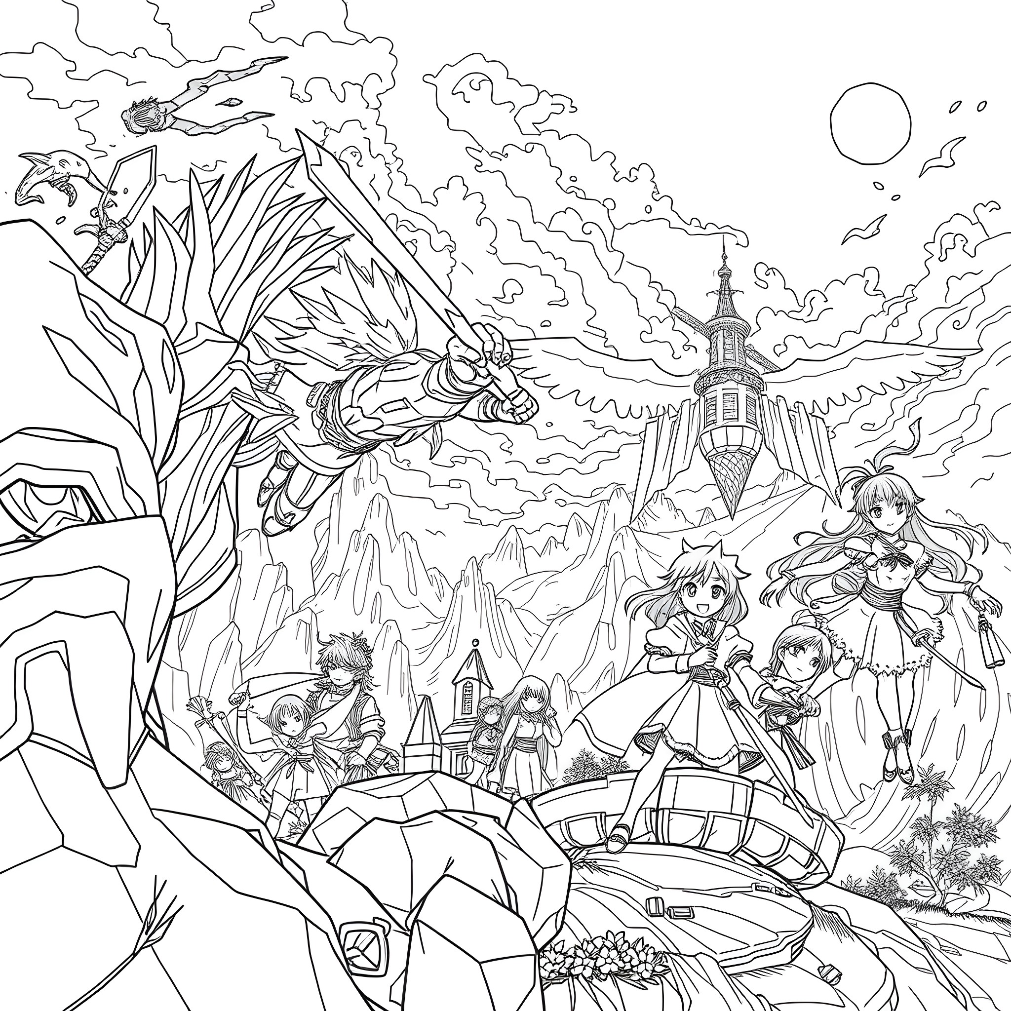 Anime characters on an epic fantasy adventure Coloring Page (free black-and-white line drawing printable PDF for all, from beginners to advanced learners, including children, teens, adults, and seniors)