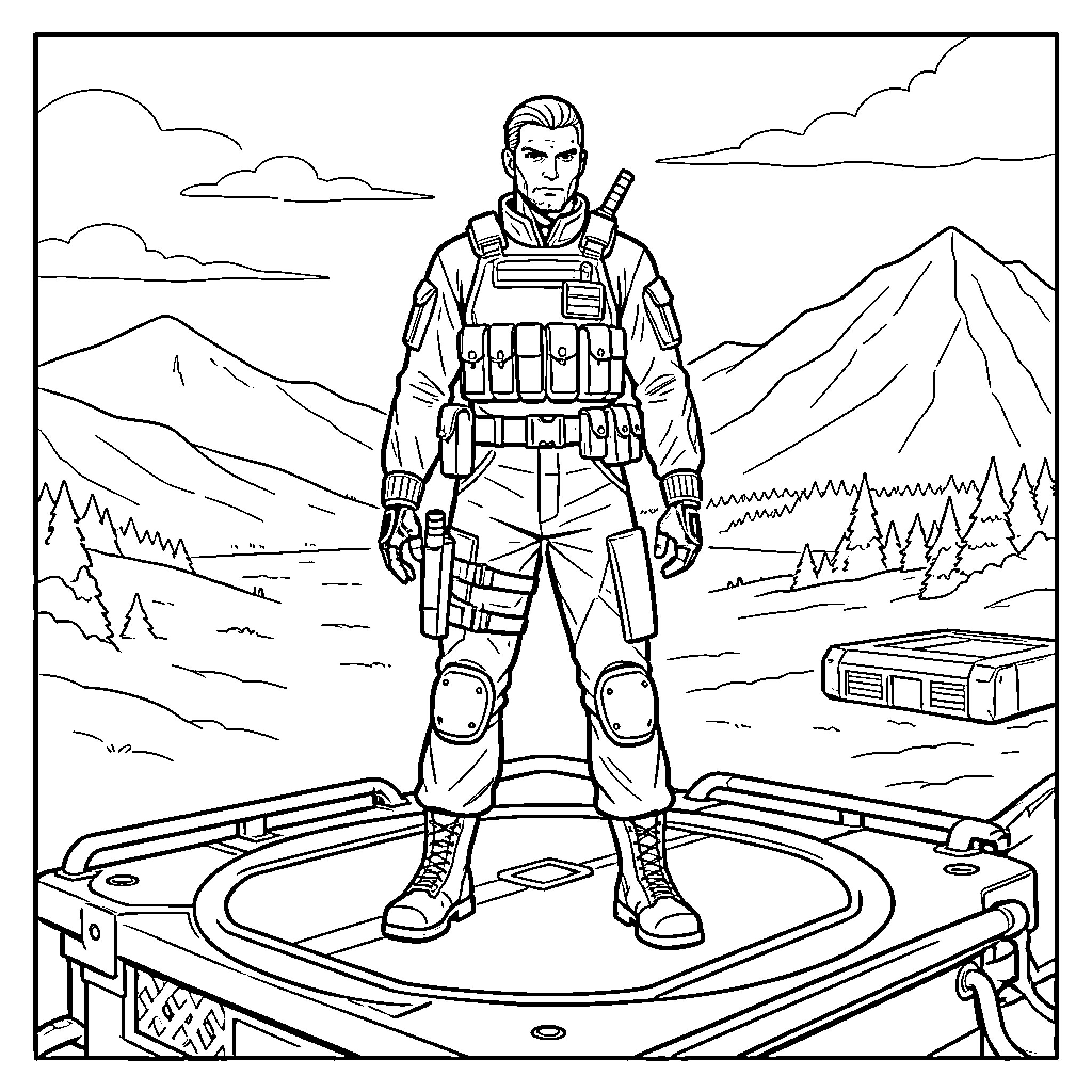 Solid Snake standing heroically in tactical gear Coloring Page (free black-and-white line drawing printable PDF for all, from beginners to advanced learners, including children, teens, adults, and seniors)