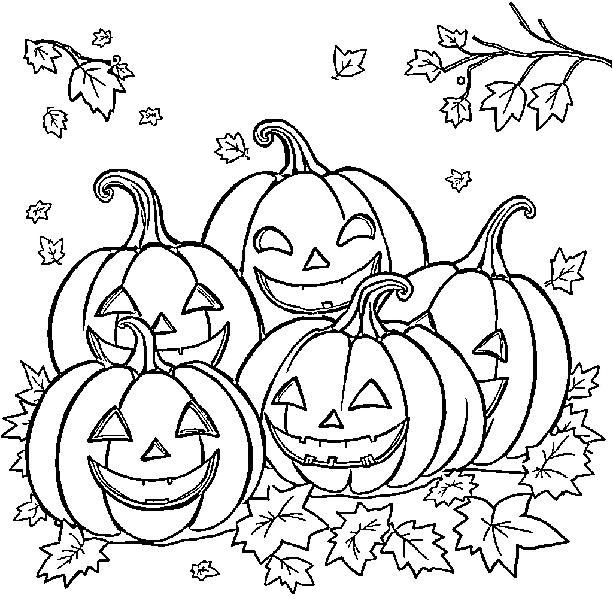 Pumpkins with smiling faces and autumn leaves Coloring Page (free black-and-white line drawing printable PDF for all, from beginners to advanced learners, including children, teens, adults, and seniors)