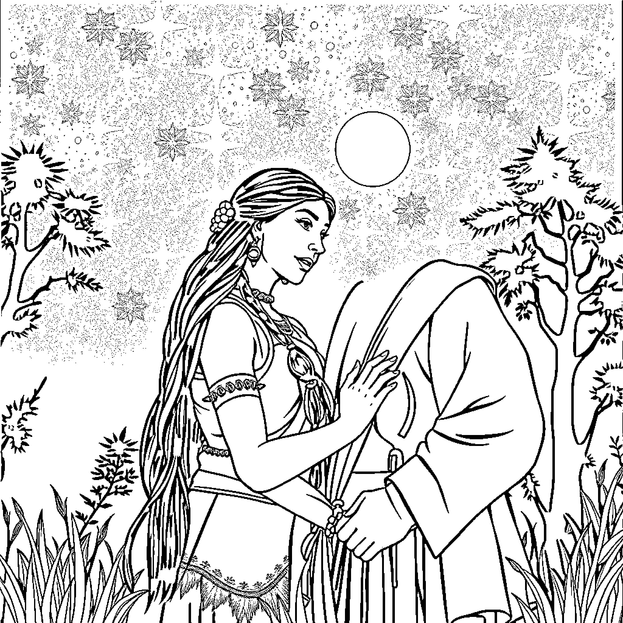 Pocahontas in a peaceful forest landscape Coloring Page (free black-and-white line drawing printable PDF for all, from beginners to advanced learners, including children, teens, adults, and seniors)