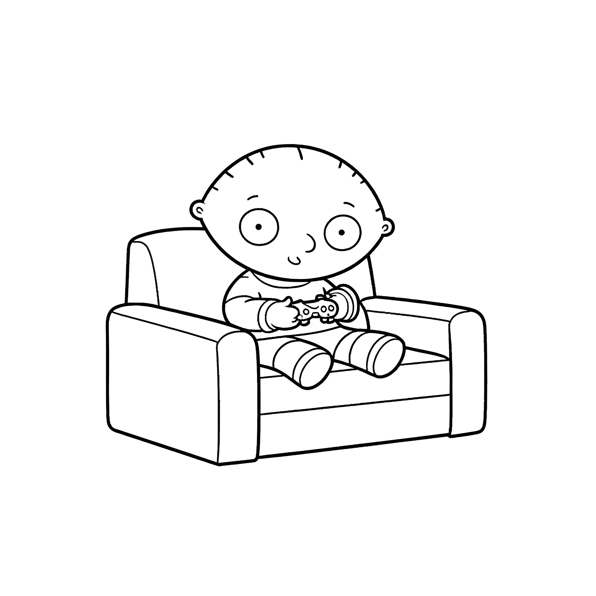 Stewie Griffin playing video games on the couch Coloring Page (free black-and-white line drawing printable PDF for all, from beginners to advanced learners, including children, teens, adults, and seniors)