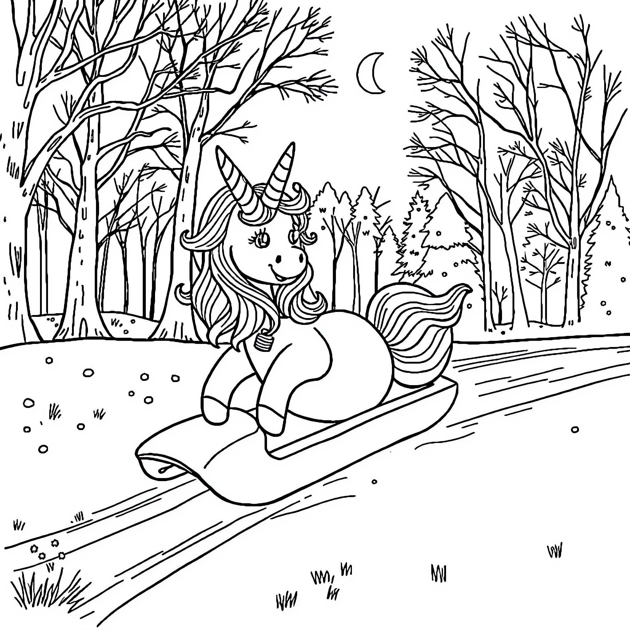 Unicorn sledding through the enchanted forest Coloring Page (free black-and-white line drawing printable PDF for all, from beginners to advanced learners, including children, teens, adults, and seniors)