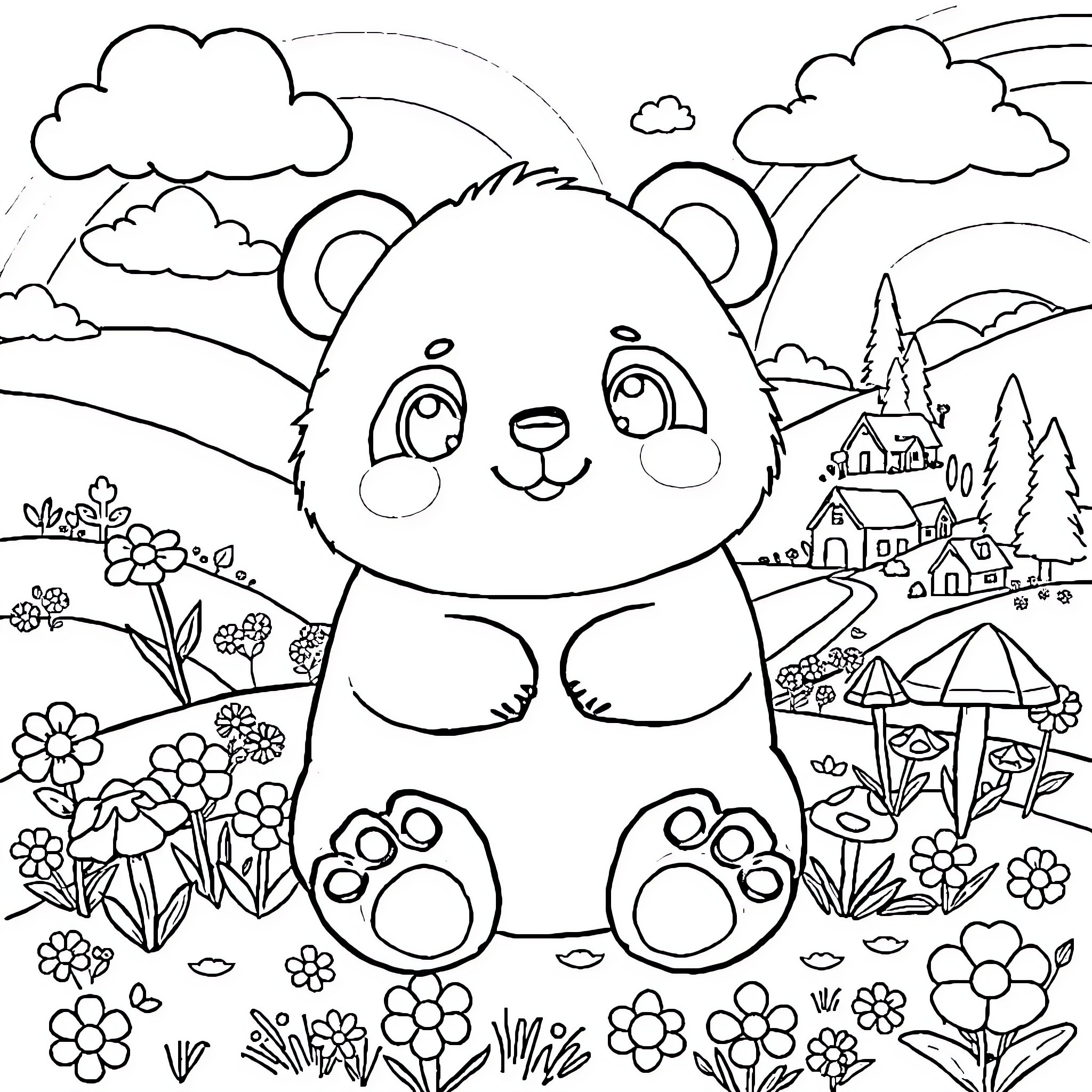 Baby Animal Playing in Flower Field Coloring Page (free black-and-white line drawing printable PDF for all, from beginners to advanced learners, including children, teens, adults, and seniors)