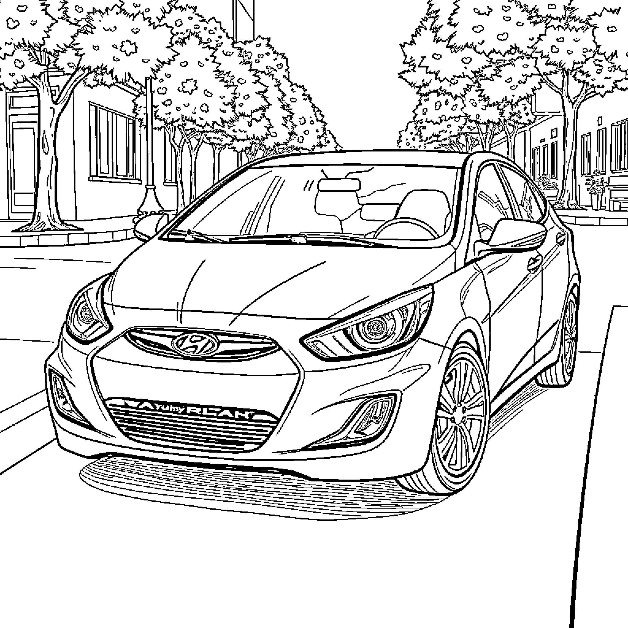 Hyundai Accent on city street with trees Coloring Page (free black-and-white line drawing printable PDF for all, from beginners to advanced learners, including children, teens, adults, and seniors)