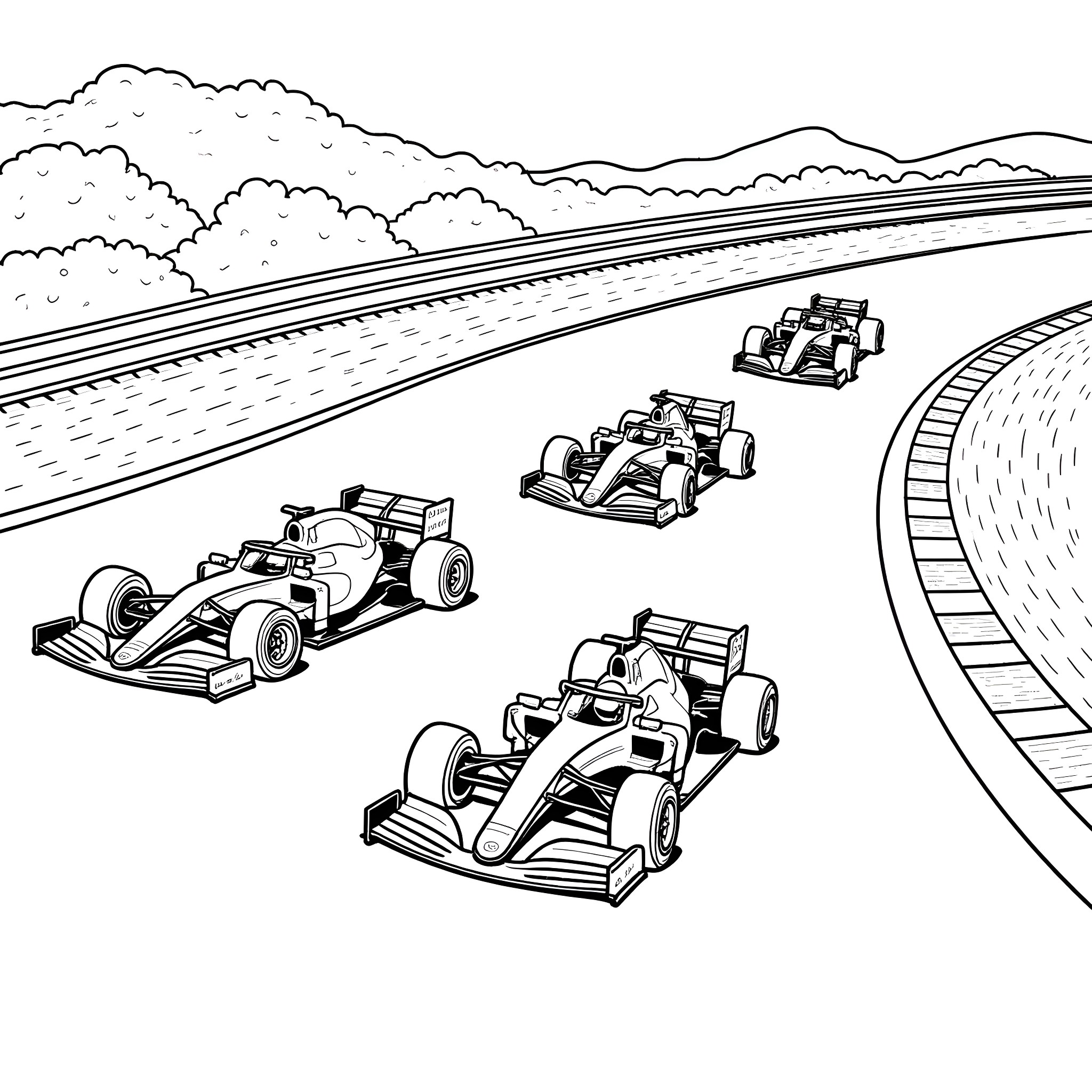 Formula 1 Cars Racing on the Circuit Coloring Page (free black-and-white line drawing printable PDF for all, from beginners to advanced learners, including children, teens, adults, and seniors)