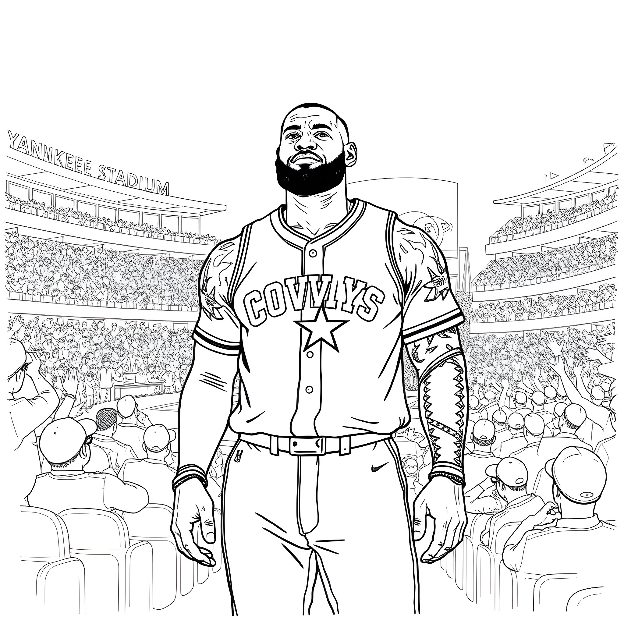 LeBron in Baseball Uniform at Stadium Coloring Page (free black-and-white line drawing printable PDF for all, from beginners to advanced learners, including children, teens, adults, and seniors)