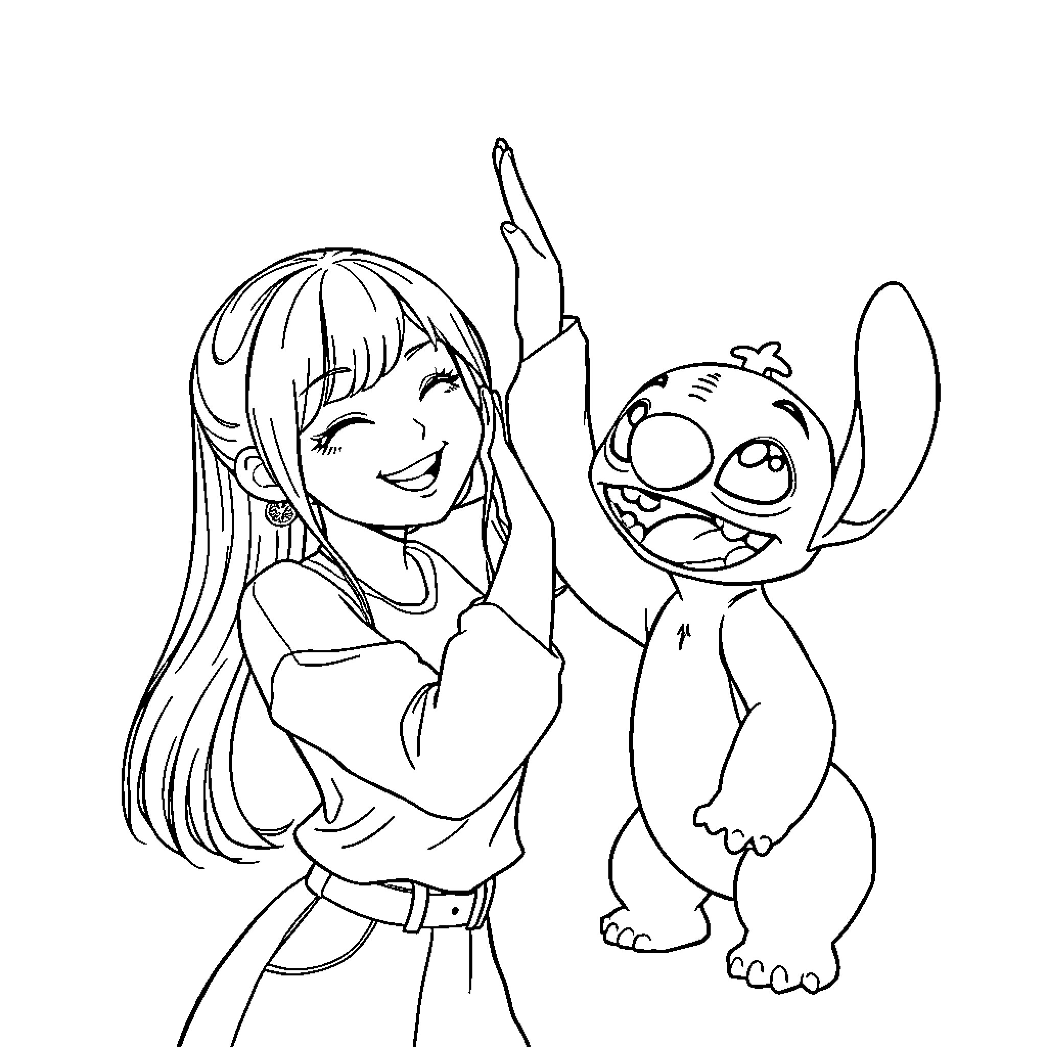 Rumi and her playful alien companion Coloring Page (free black-and-white line drawing printable PDF for all, from beginners to advanced learners, including children, teens, adults, and seniors)