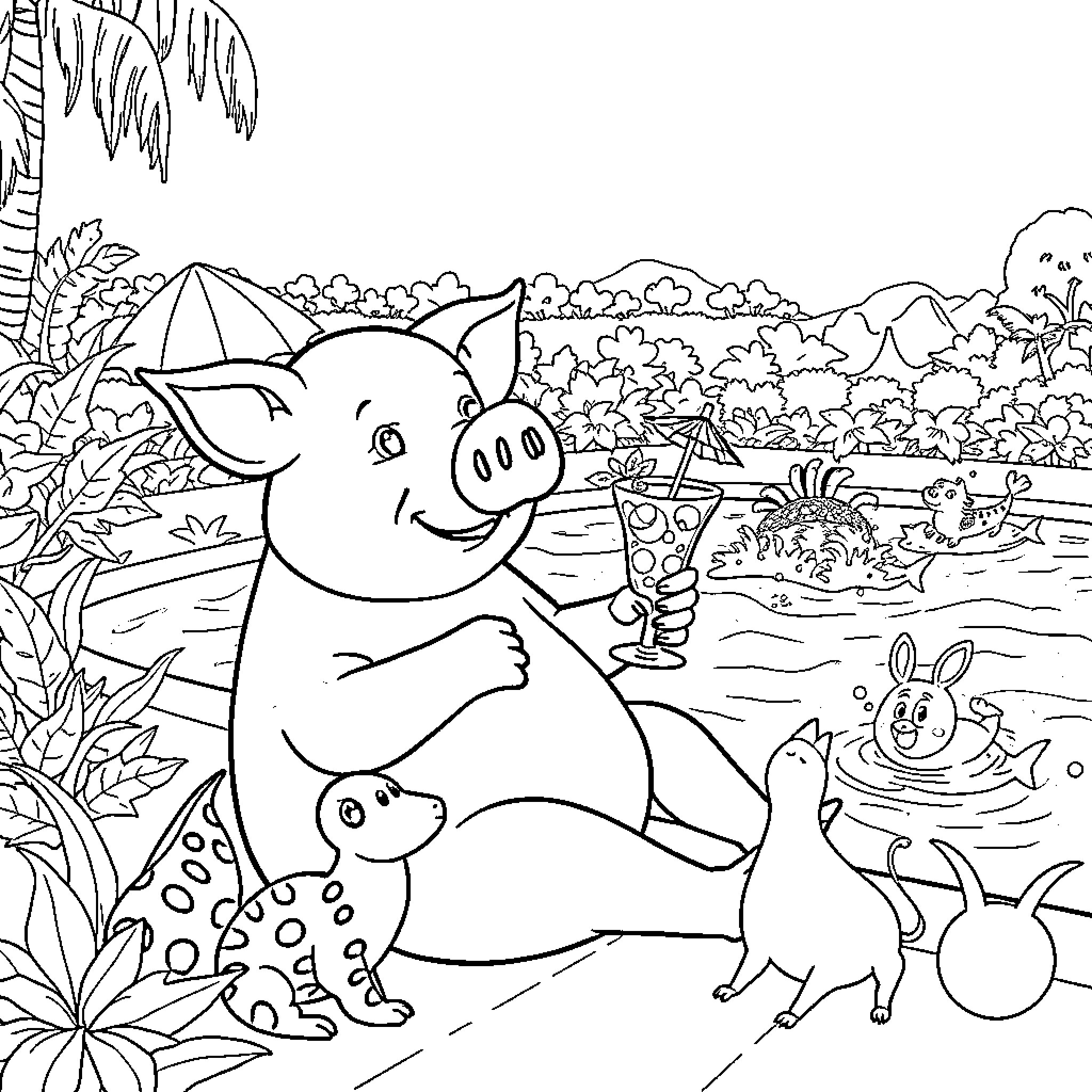 Pig enjoying a summer vacation at the beach Coloring Page (free black-and-white line drawing printable PDF for all, from beginners to advanced learners, including children, teens, adults, and seniors)