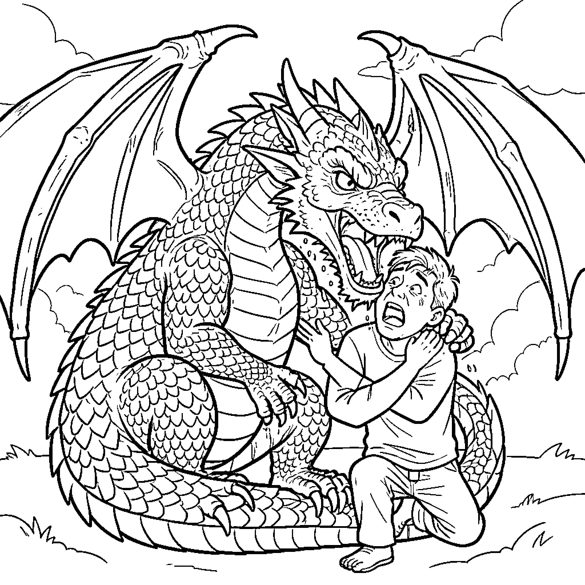 Dragon protecting a child in a fantasy scene Coloring Page (free black-and-white line drawing printable PDF for all, from beginners to advanced learners, including children, teens, adults, and seniors)