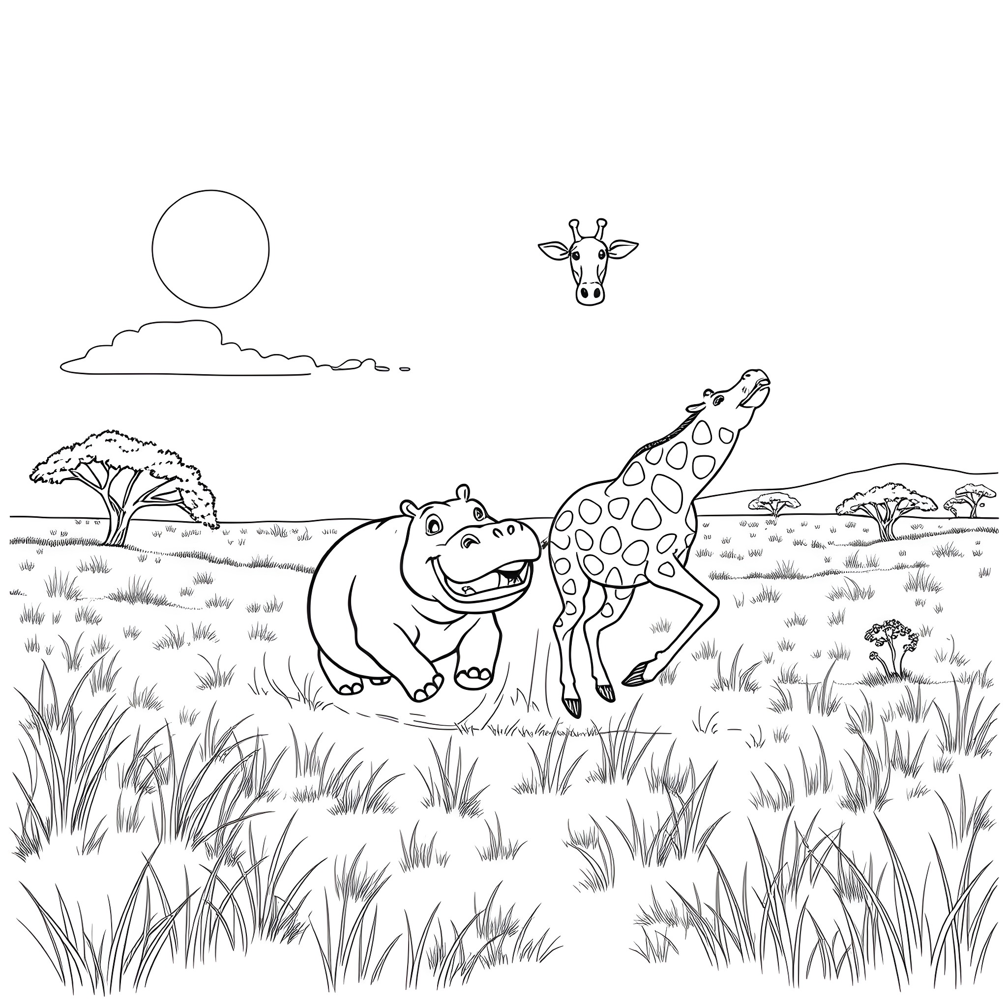 Hippo and Giraffe enjoying the African savanna Coloring Page (free black-and-white line drawing printable PDF for all, from beginners to advanced learners, including children, teens, adults, and seniors)
