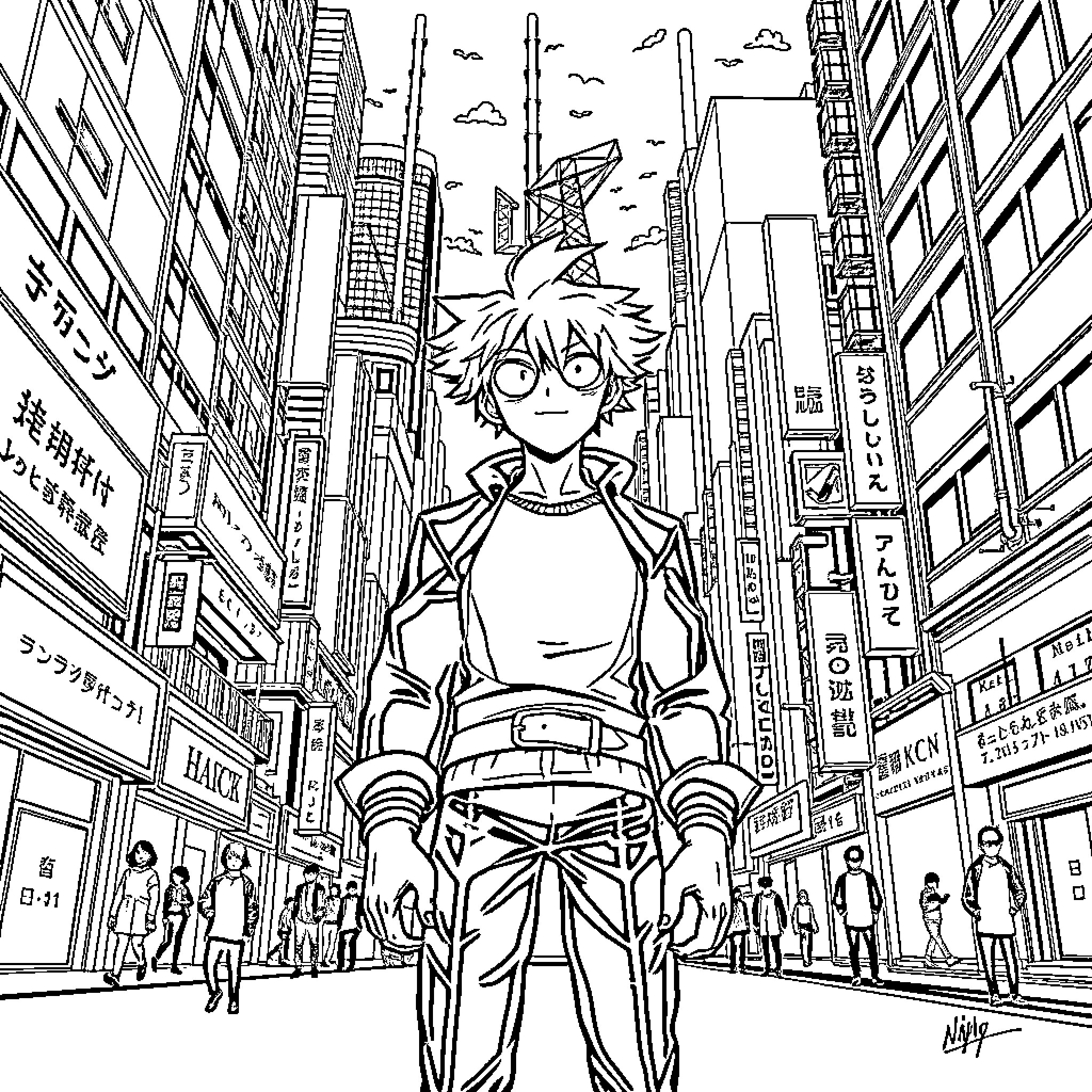 Deku Exploring Bustling City Streets Coloring Page (free black-and-white line drawing printable PDF for all, from beginners to advanced learners, including children, teens, adults, and seniors)