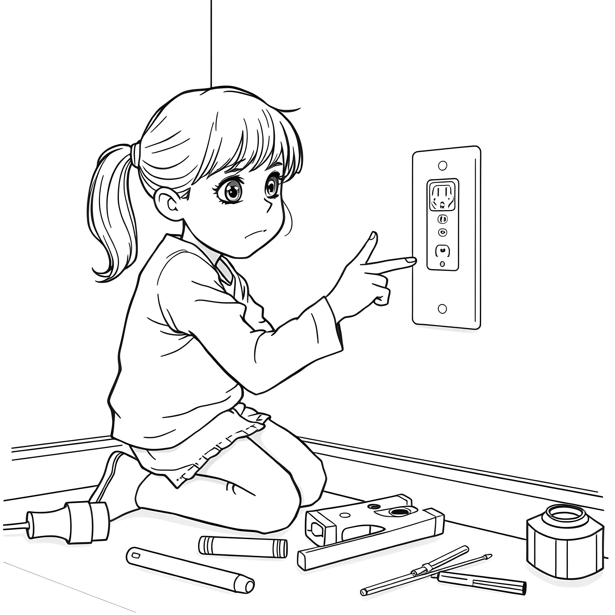 Girl Fixing Electrical Outlet at Home Coloring Page (free black-and-white line drawing printable PDF for all, from beginners to advanced learners, including children, teens, adults, and seniors)