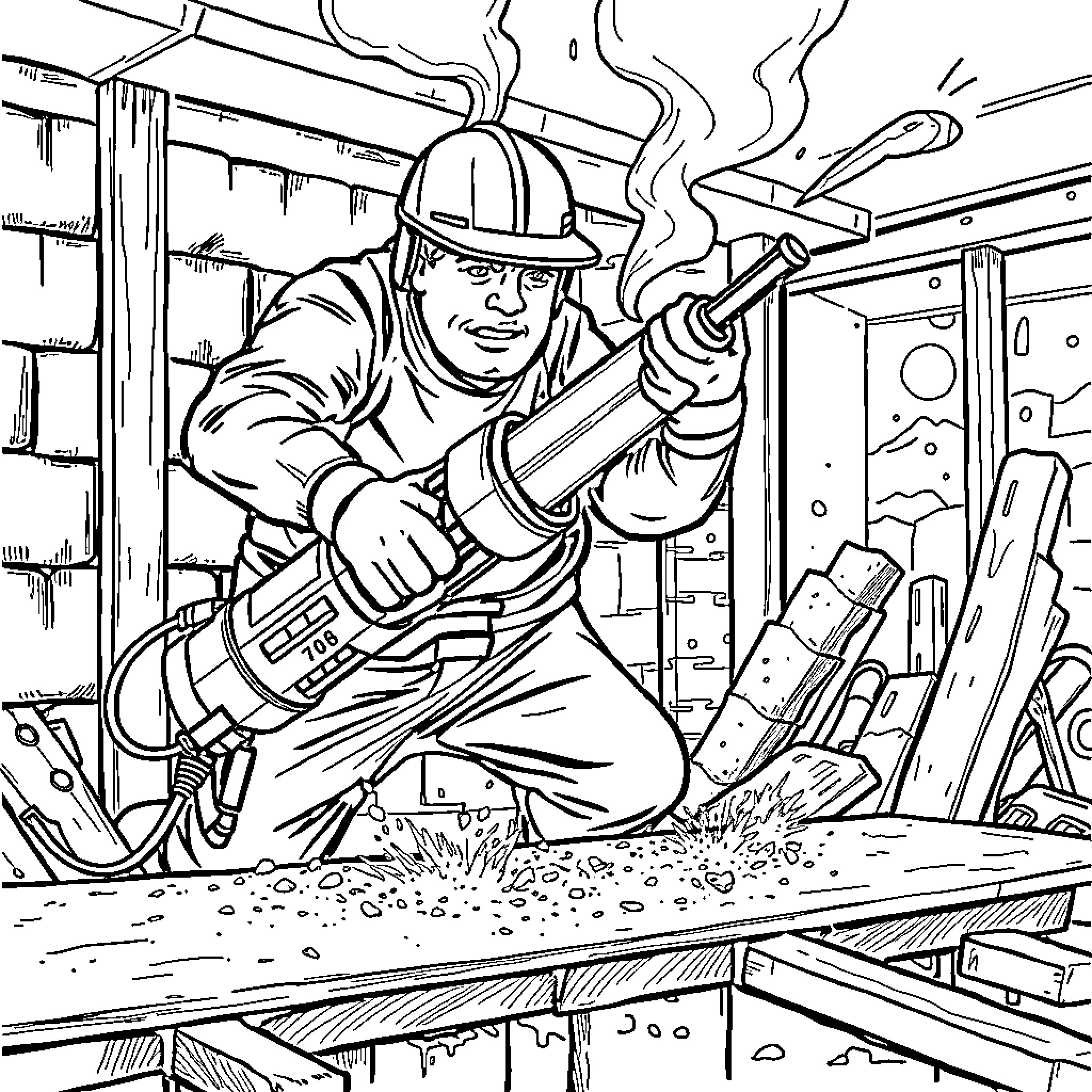 Hammer-wielding worker tackling construction task Coloring Page (free black-and-white line drawing printable PDF for all, from beginners to advanced learners, including children, teens, adults, and seniors)