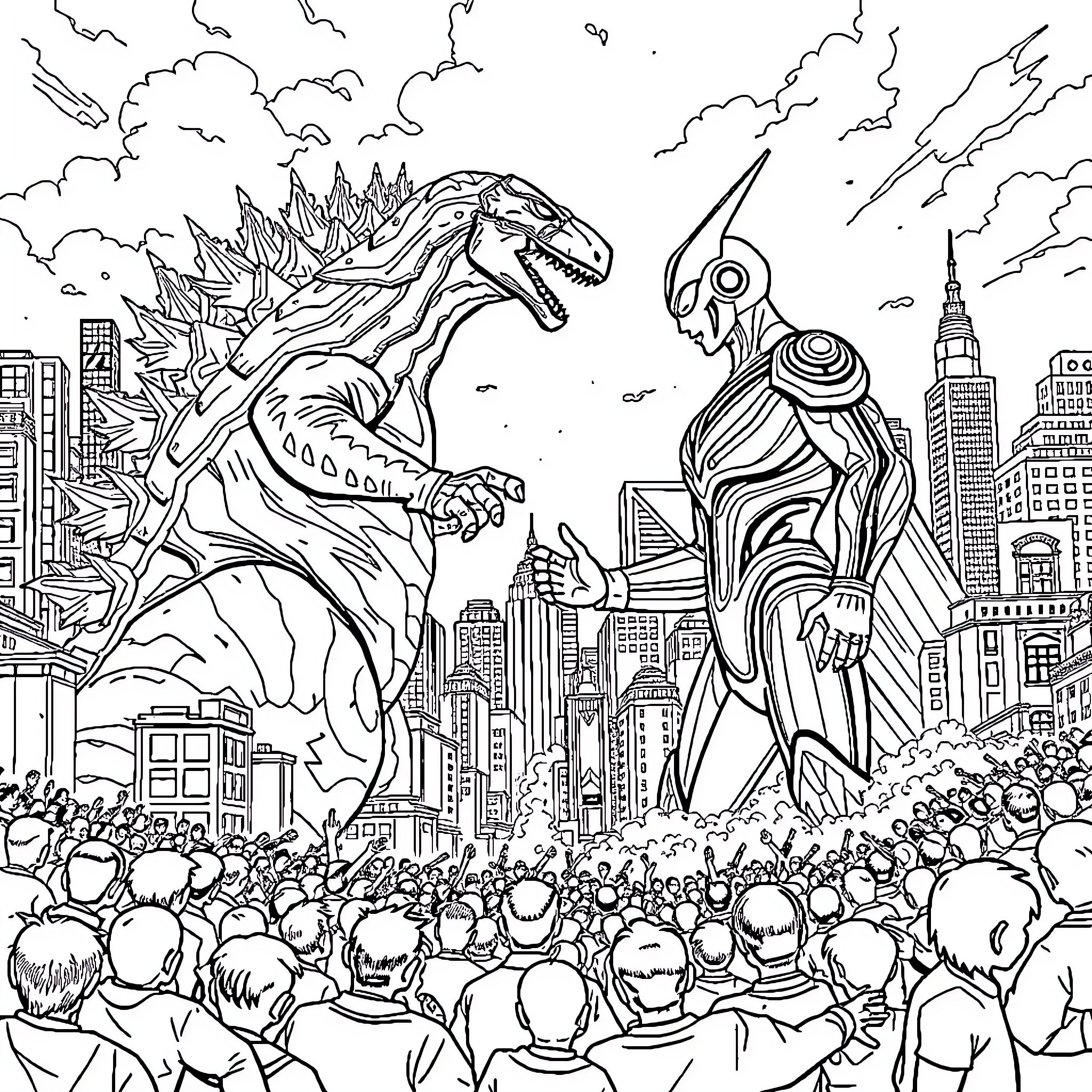 Godzilla and mecha-monster battle in city Coloring Page (free black-and-white line drawing printable PDF for all, from beginners to advanced learners, including children, teens, adults, and seniors)