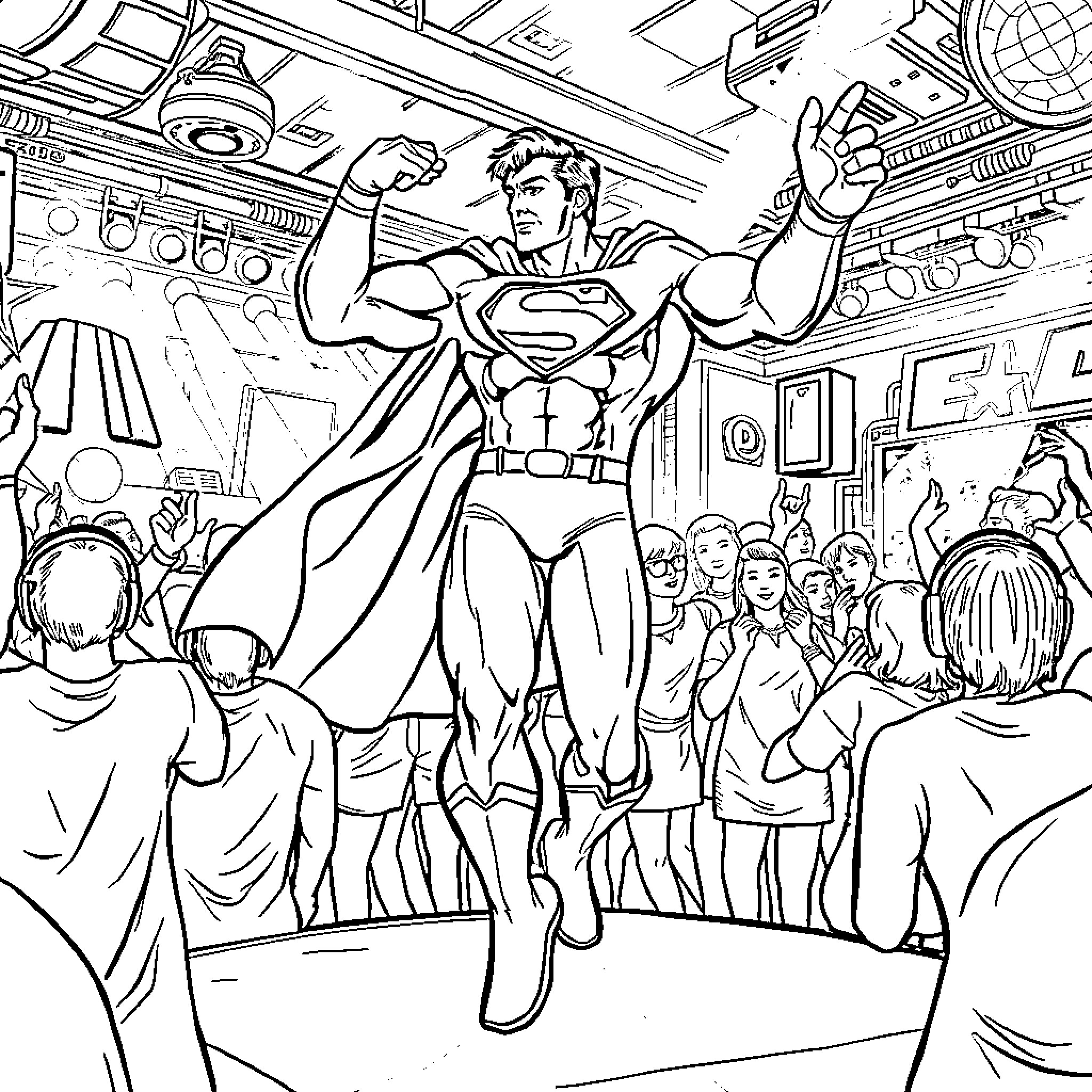Superman heroically poses for adoring fans Coloring Page (free black-and-white line drawing printable PDF for all, from beginners to advanced learners, including children, teens, adults, and seniors)