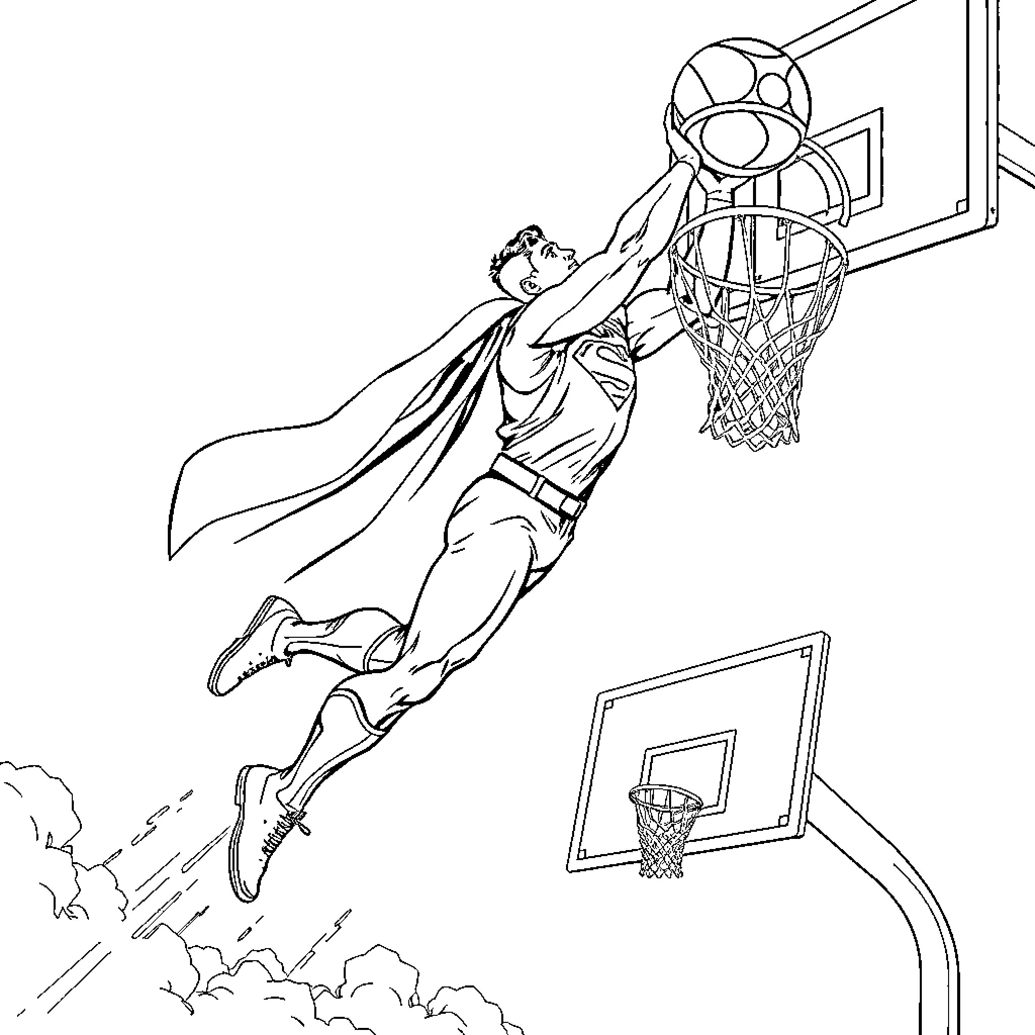 Superman Soaring to Dunk the Basketball Coloring Page (free black-and-white line drawing printable PDF for all, from beginners to advanced learners, including children, teens, adults, and seniors)