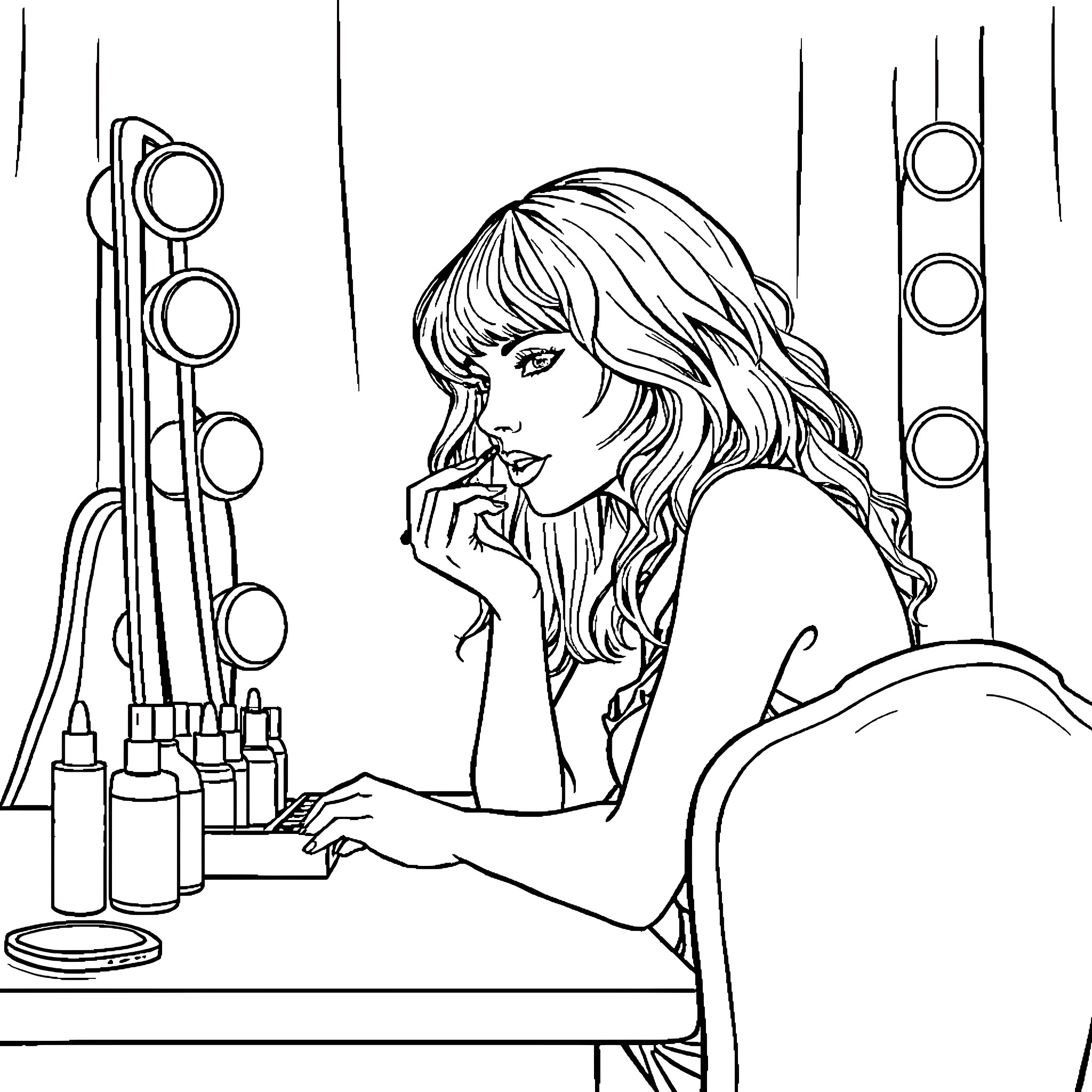Taylor Swift applying makeup at her vanity Coloring Page (free black-and-white line drawing printable PDF for all, from beginners to advanced learners, including children, teens, adults, and seniors)