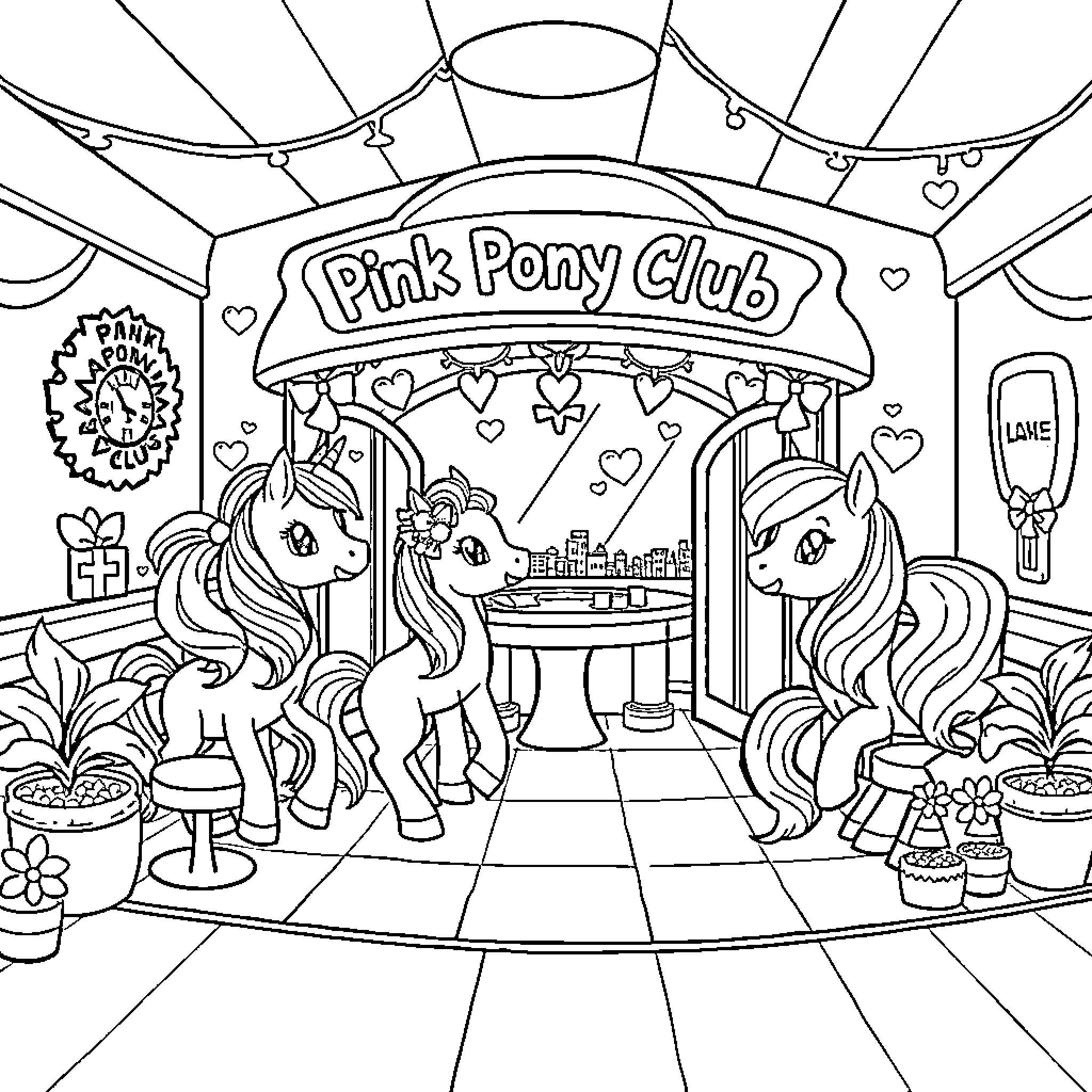 Pony Friends at the Pink Pony Club Coloring Page (free black-and-white line drawing printable PDF for all, from beginners to advanced learners, including children, teens, adults, and seniors)