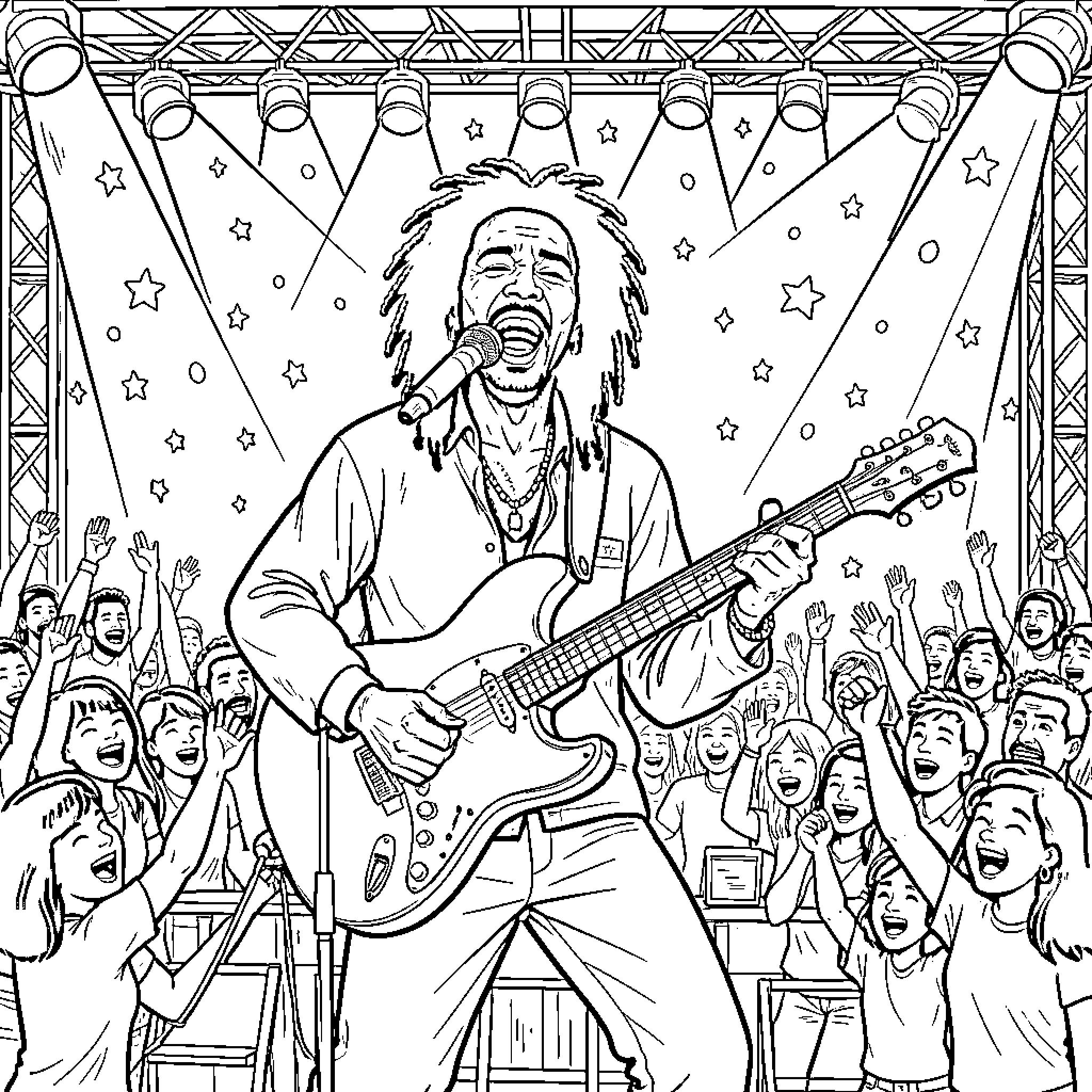 Bob Marley performing on stage with a crowd Coloring Page (free black-and-white line drawing printable PDF for all, from beginners to advanced learners, including children, teens, adults, and seniors)