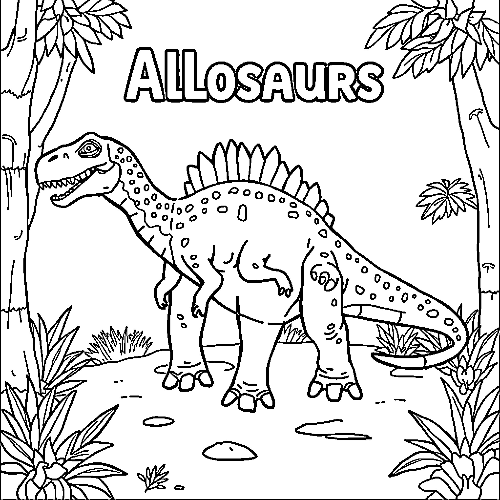Allosaurus roaming through prehistoric landscape Coloring Page (free black-and-white line drawing printable PDF for all, from beginners to advanced learners, including children, teens, adults, and seniors)
