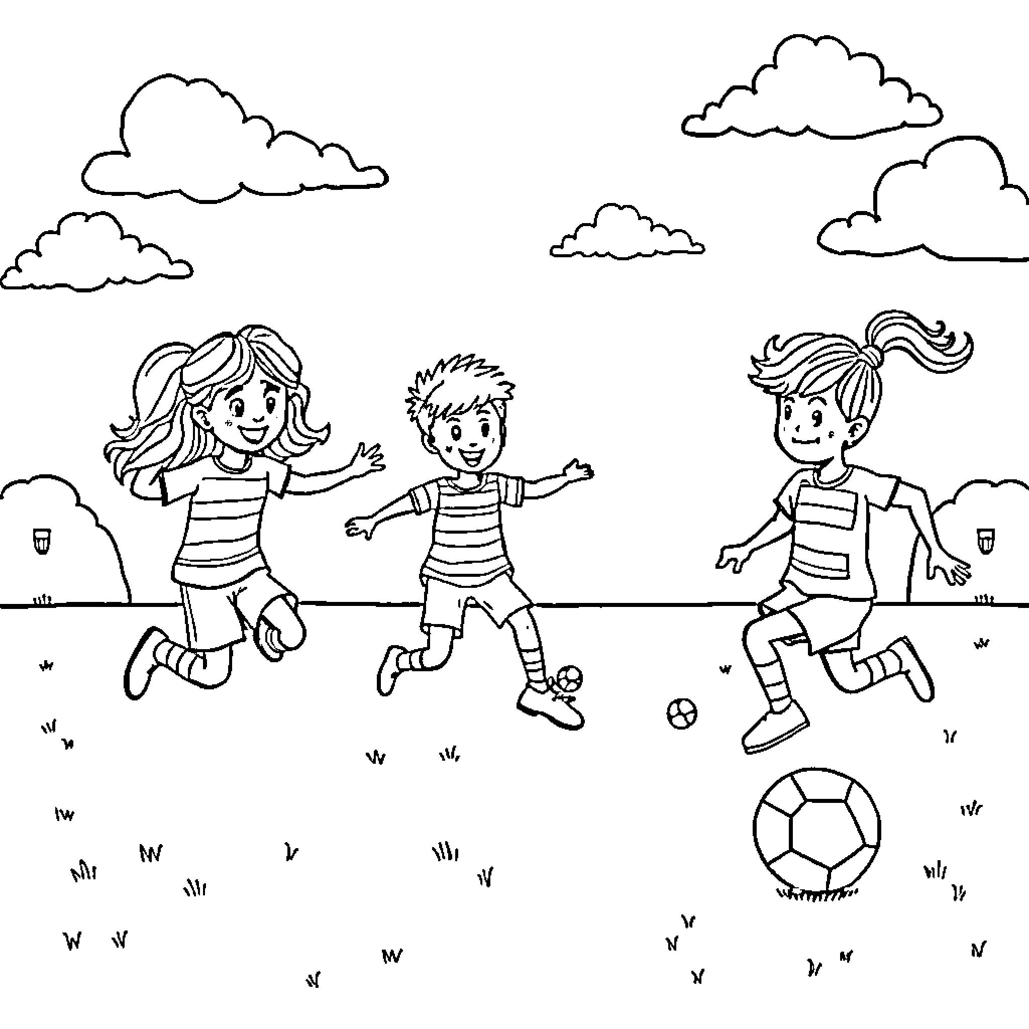 Rainbow Friends Enjoying Outdoor Play Coloring Page (free black-and-white line drawing printable PDF for all, from beginners to advanced learners, including children, teens, adults, and seniors)