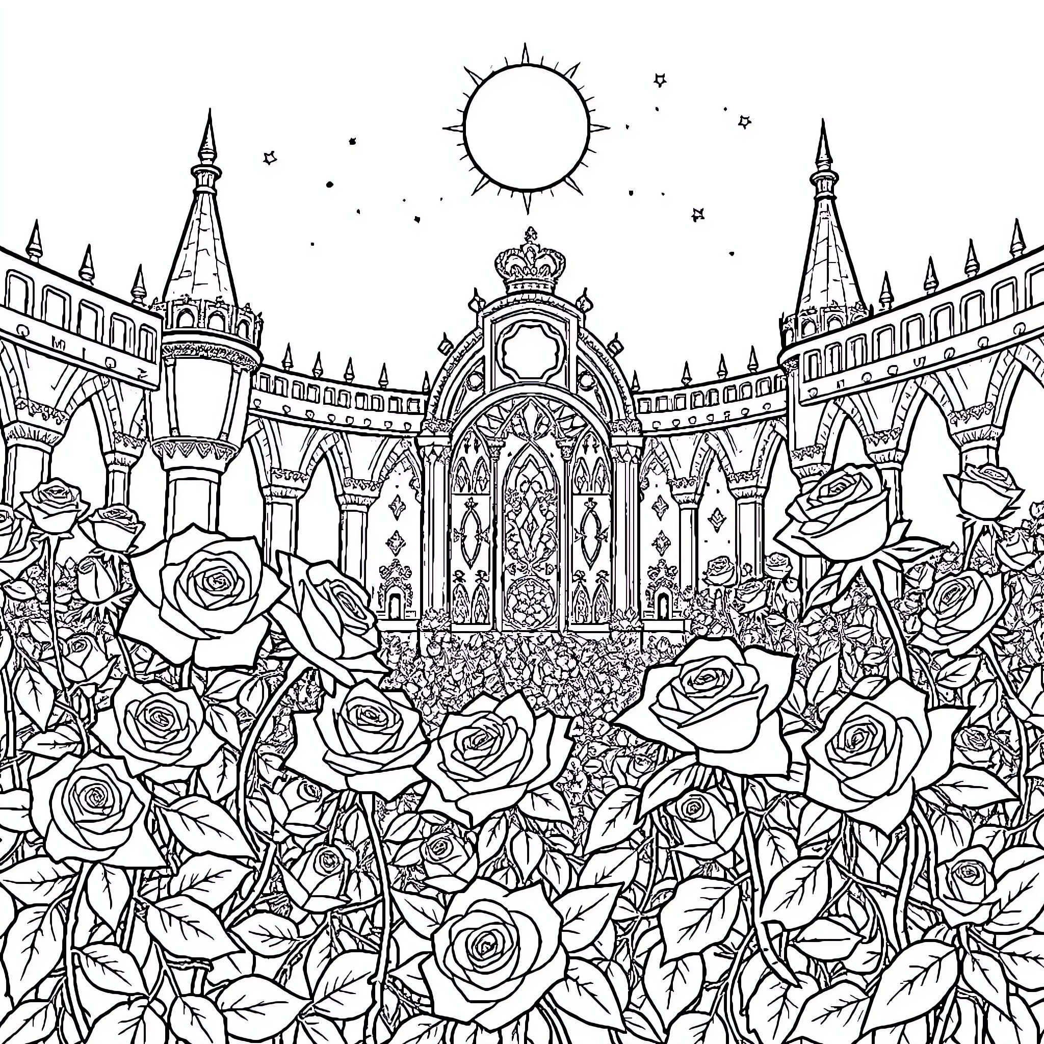 Thorn-laden Splendor: A Fantastical Garden of Roses Coloring Page (free black-and-white line drawing printable PDF for all, from beginners to advanced learners, including children, teens, adults, and seniors)