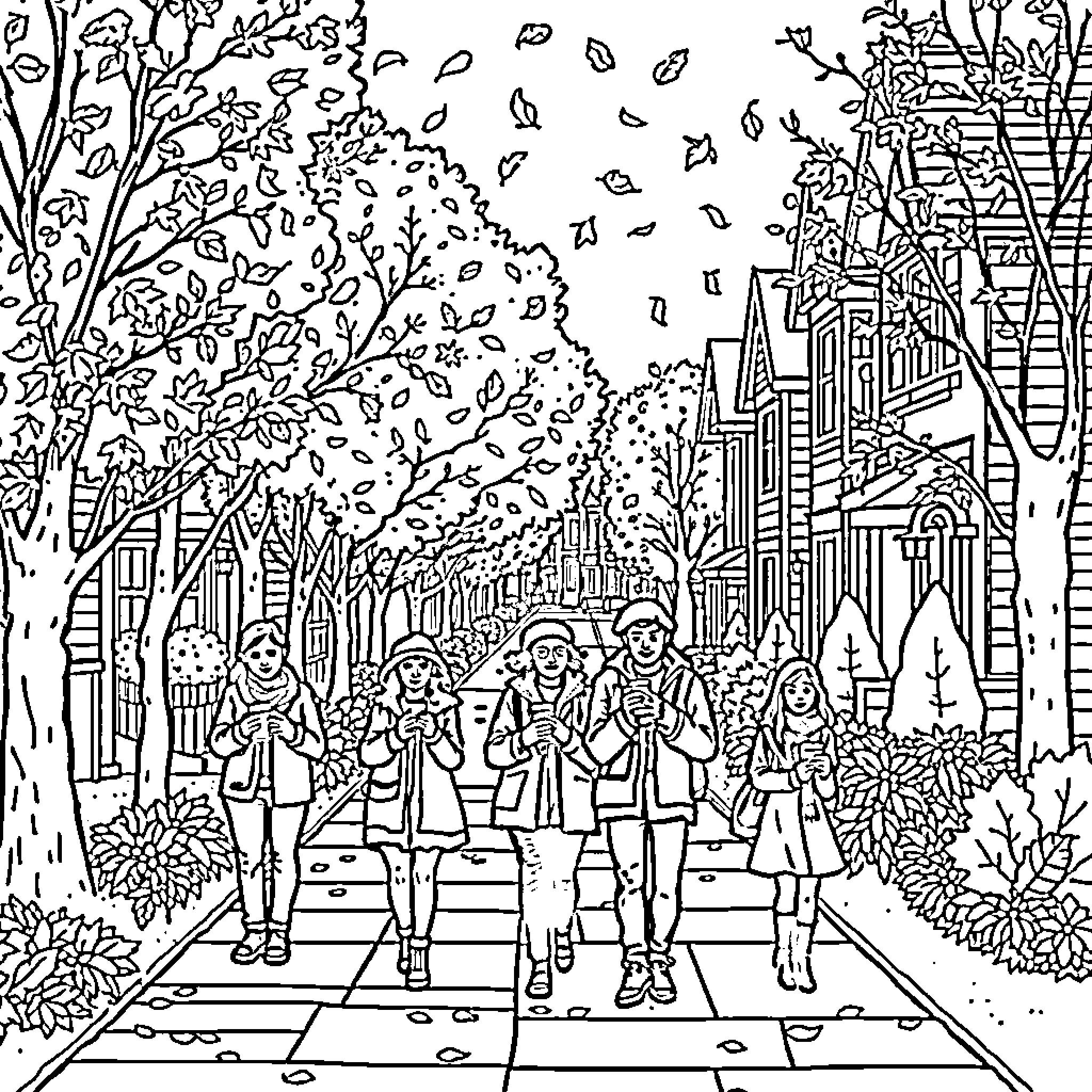Neighborhood Strolling in Autumn Scenery Coloring Page (free black-and-white line drawing printable PDF for all, from beginners to advanced learners, including children, teens, adults, and seniors)