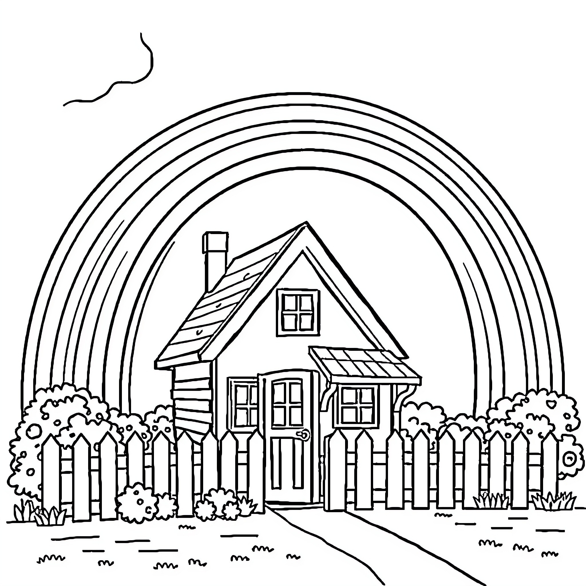 Rainbow Cottage Under Vibrant Sky Coloring Page (free black-and-white line drawing printable PDF for all, from beginners to advanced learners, including children, teens, adults, and seniors)