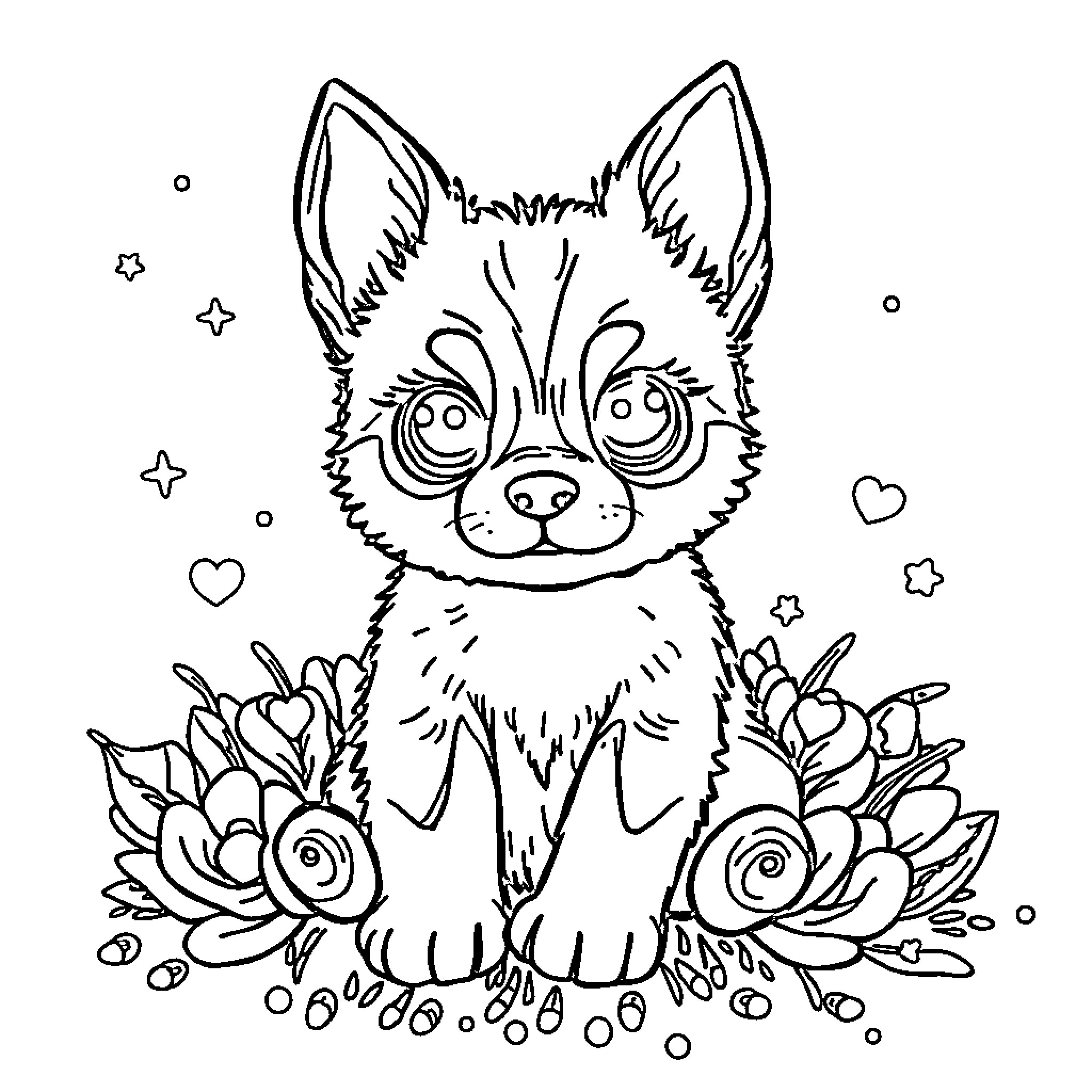 Puppy surrounded by flowers and hearts Coloring Page (free black-and-white line drawing printable PDF for all, from beginners to advanced learners, including children, teens, adults, and seniors)