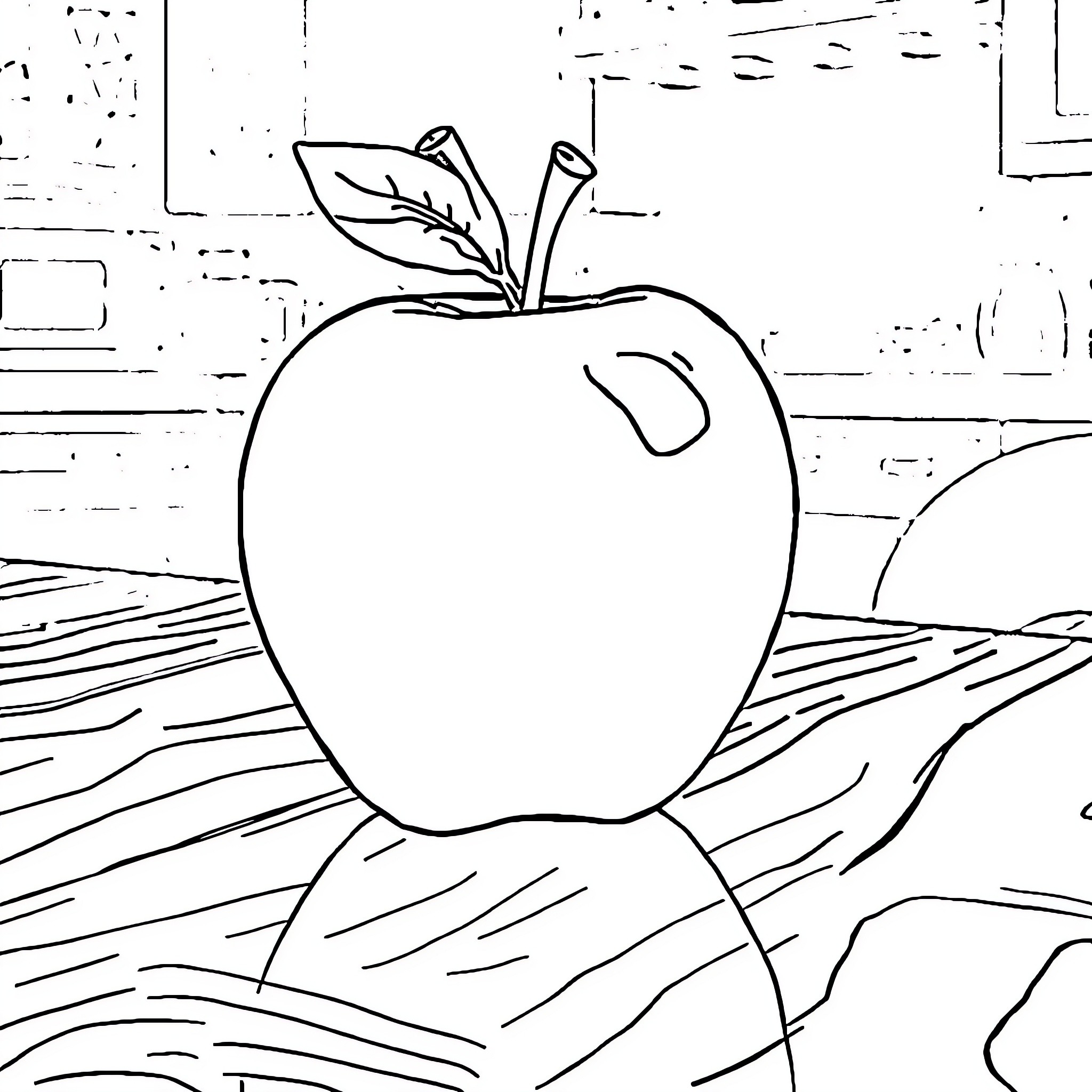 Apple on a Wooden Surface Coloring Page (free black-and-white line drawing printable PDF for all, from beginners to advanced learners, including children, teens, adults, and seniors)