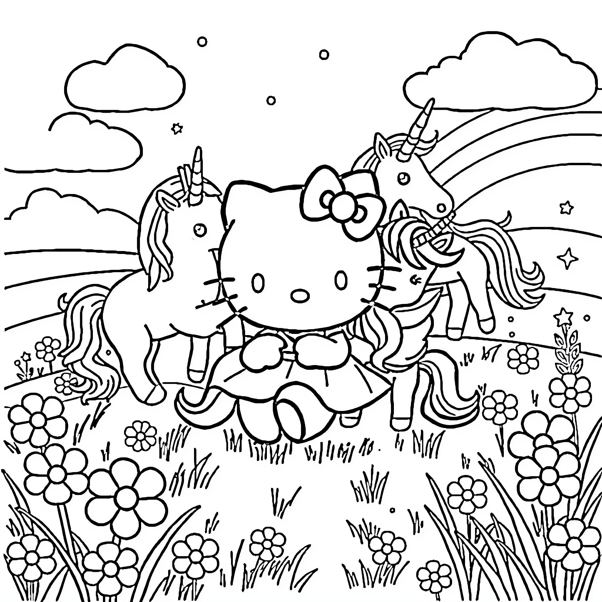 Hello Kitty enjoying a magical meadow with unicorns Coloring Page (free black-and-white line drawing printable PDF for all, from beginners to advanced learners, including children, teens, adults, and seniors)