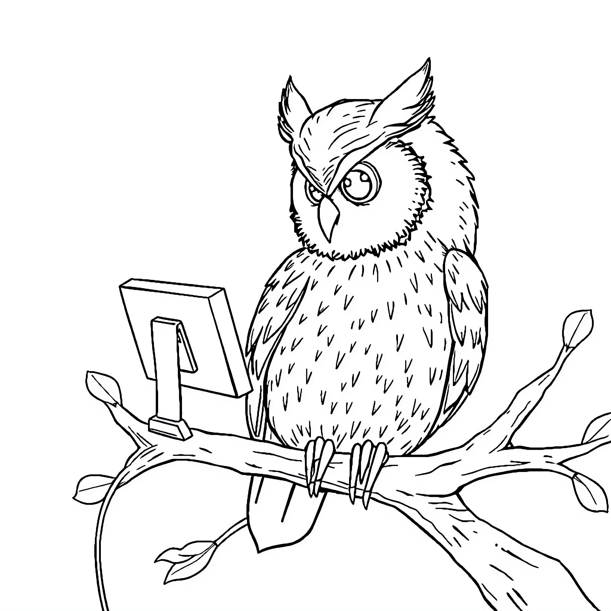 Owl Studying at Computer on Tree Branch Coloring Page (free black-and-white line drawing printable PDF for all, from beginners to advanced learners, including children, teens, adults, and seniors)