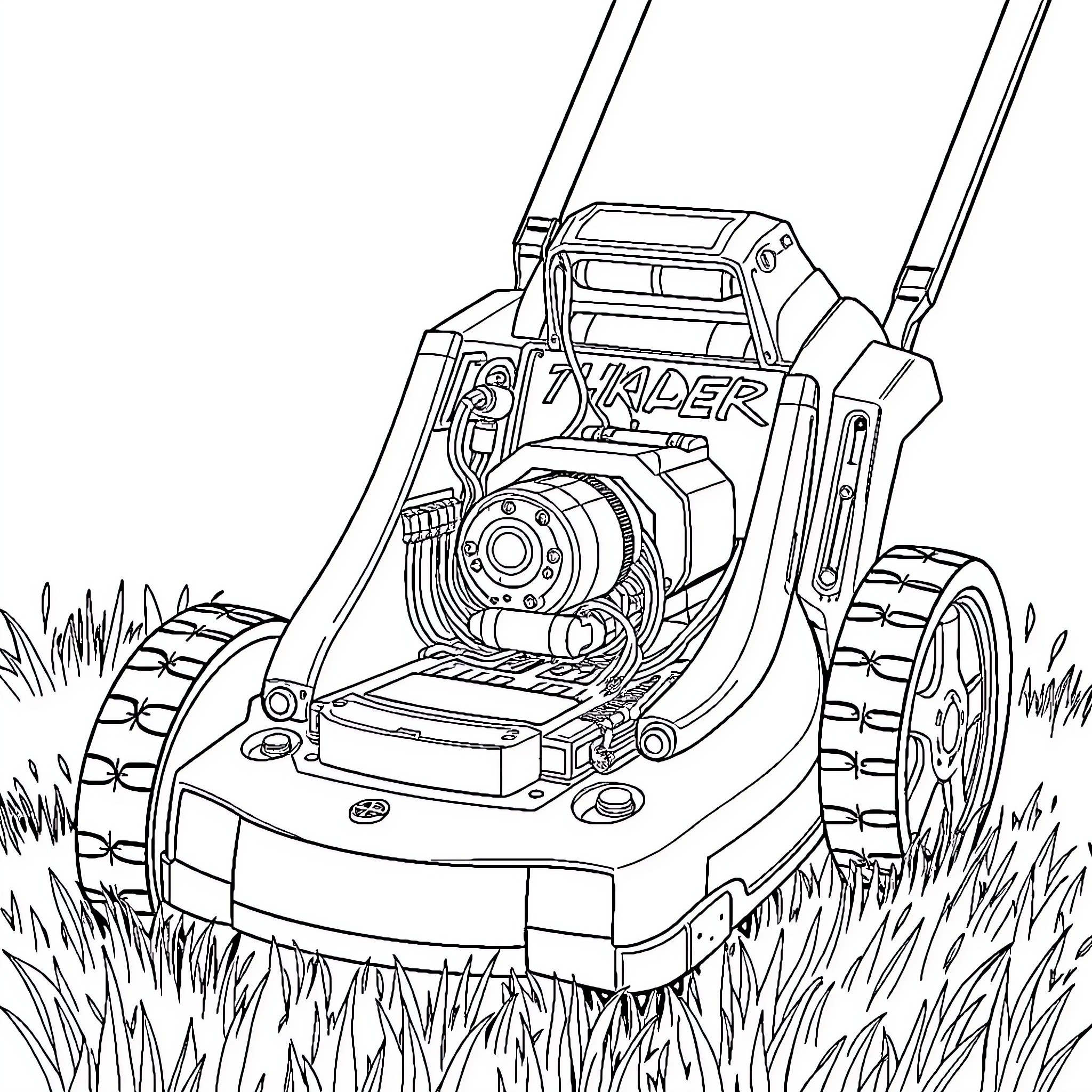 Robotic Lawnmower moving across grassy field Coloring Page (free black-and-white line drawing printable PDF for all, from beginners to advanced learners, including children, teens, adults, and seniors)