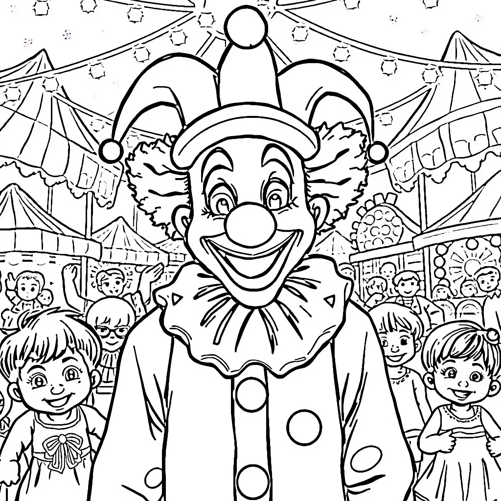 Clown entertaining a crowd at the carnival Coloring Page (free black-and-white line drawing printable PDF for all, from beginners to advanced learners, including children, teens, adults, and seniors)