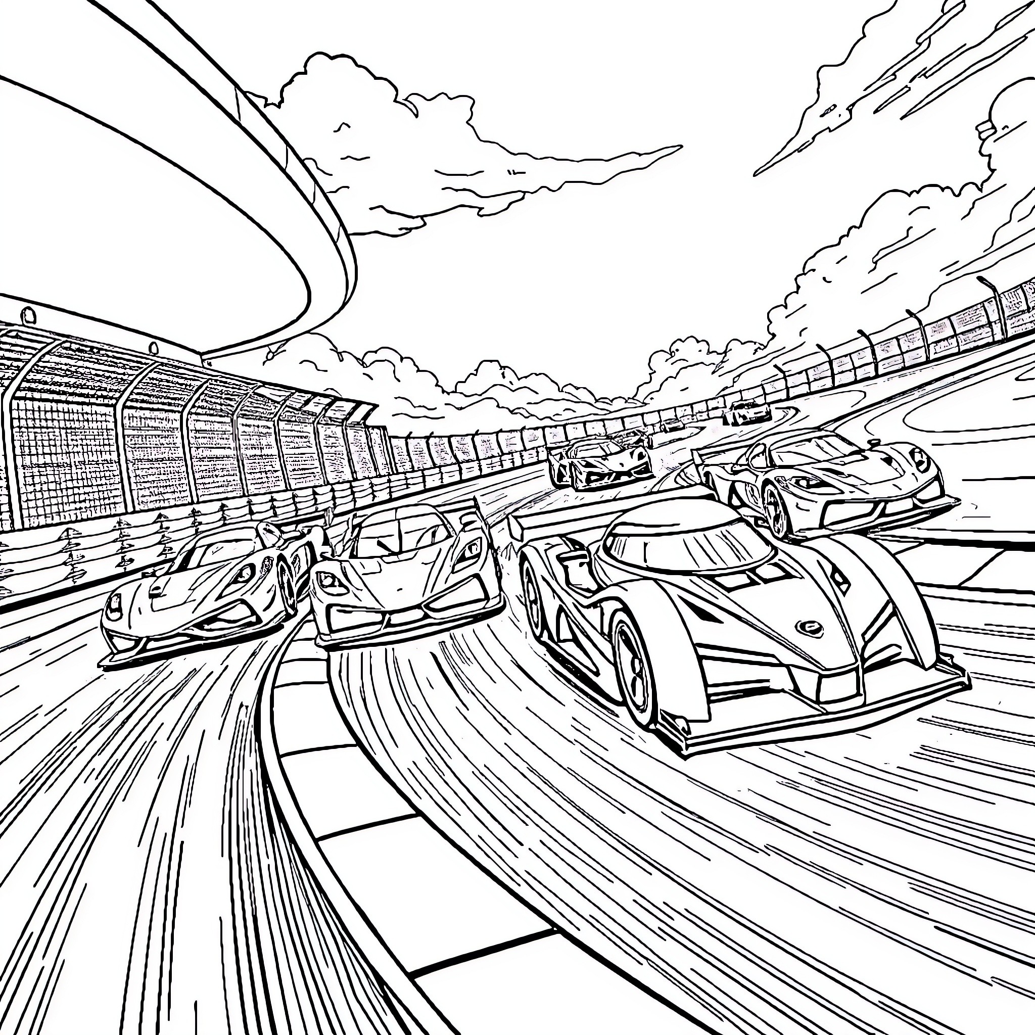 Car Racing at High Speed on Racetrack Coloring Page (free black-and-white line drawing printable PDF for all, from beginners to advanced learners, including children, teens, adults, and seniors)