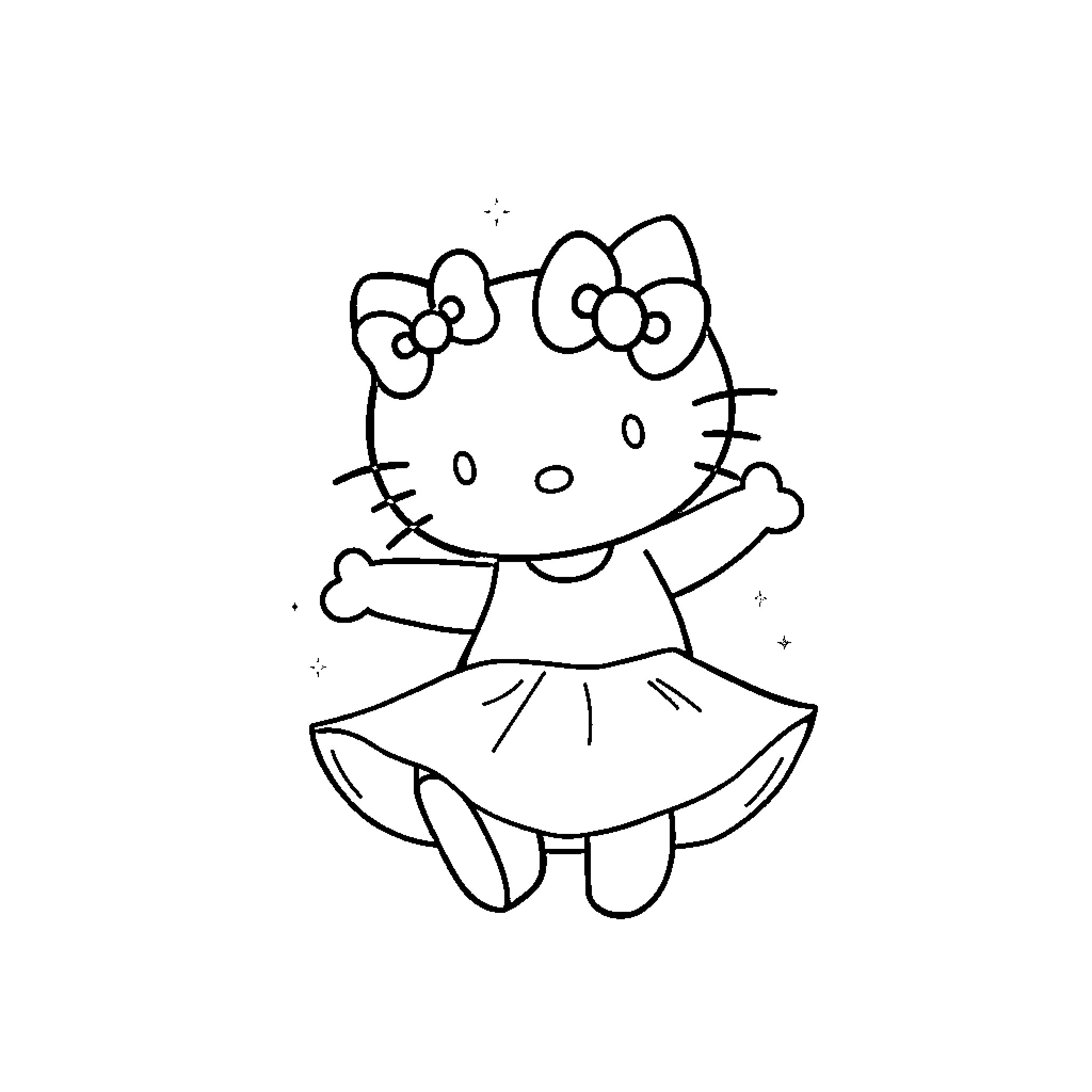 Hello Kitty dancing happily Coloring Page (free black-and-white line drawing printable PDF for all, from beginners to advanced learners, including children, teens, adults, and seniors)
