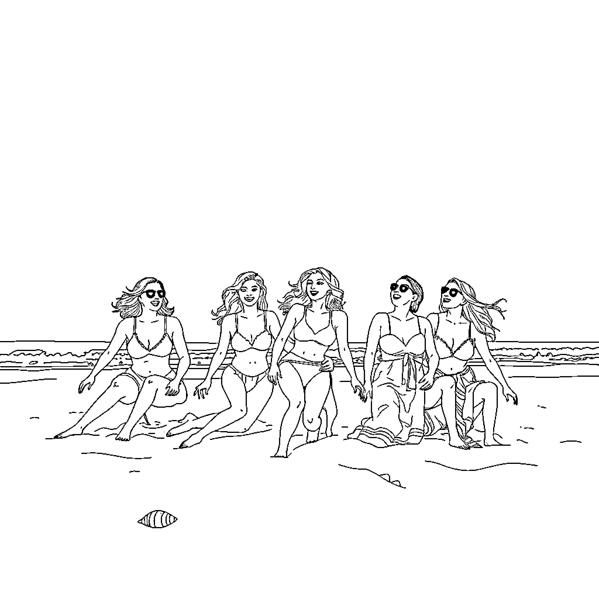 Women enjoying a day at the beach Coloring Page (free black-and-white line drawing printable PDF for all, from beginners to advanced learners, including children, teens, adults, and seniors)