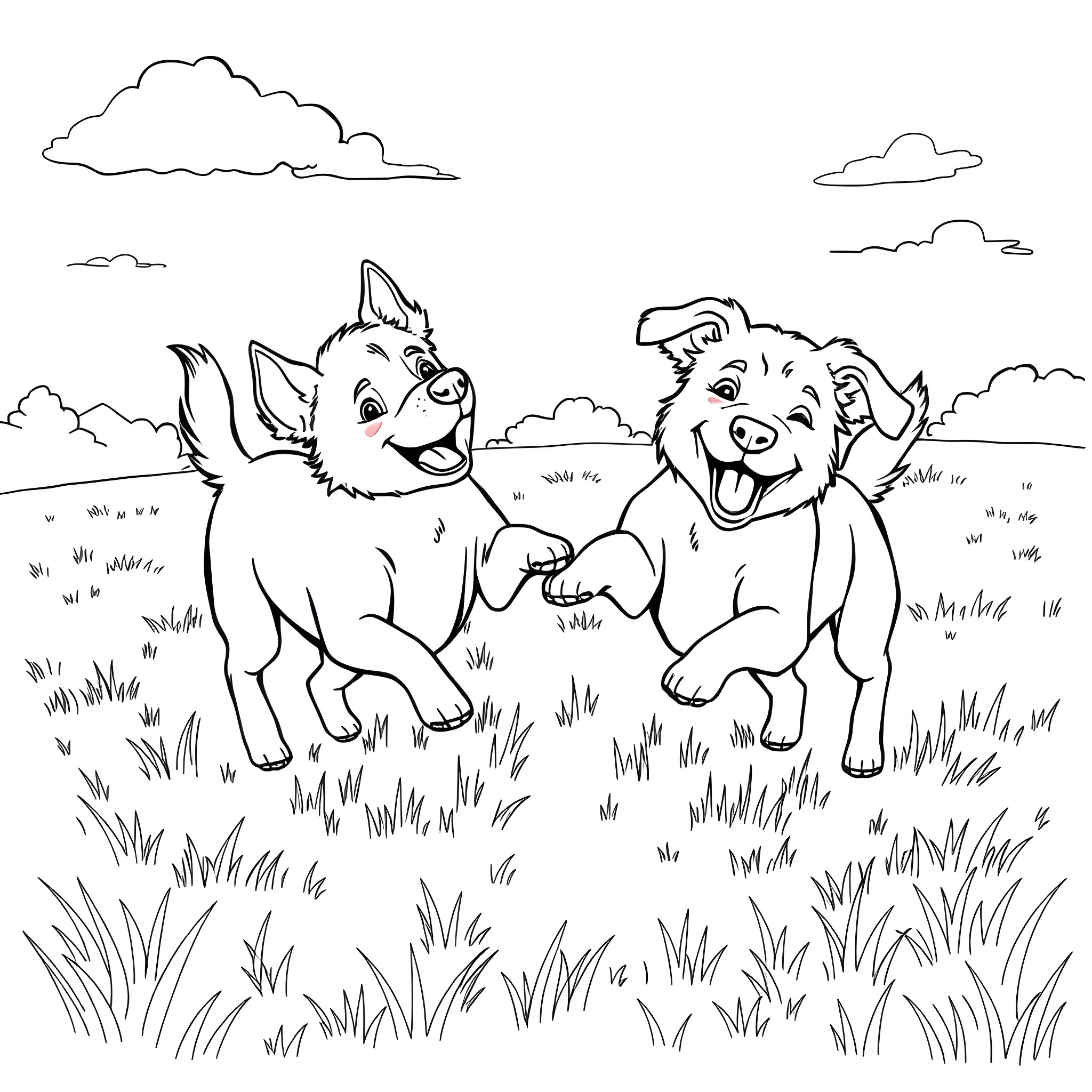 Dogs playing happily in the field Coloring Page (free black-and-white line drawing printable PDF for all, from beginners to advanced learners, including children, teens, adults, and seniors)