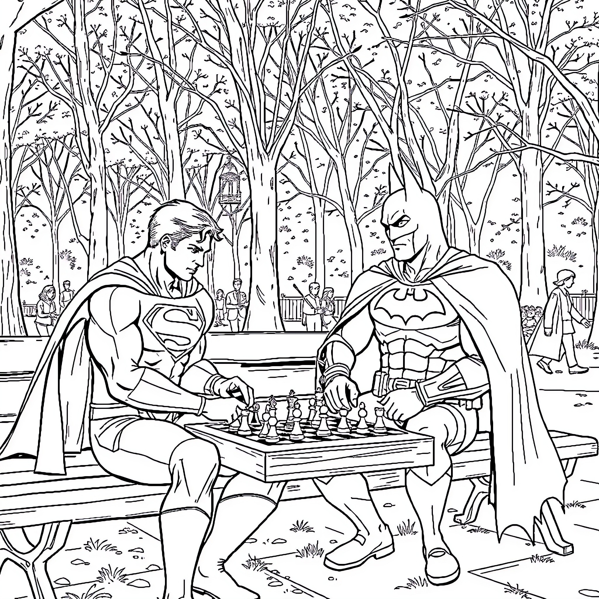 Superman and Batman playing chess in the park Coloring Page (free black-and-white line drawing printable PDF for all, from beginners to advanced learners, including children, teens, adults, and seniors)