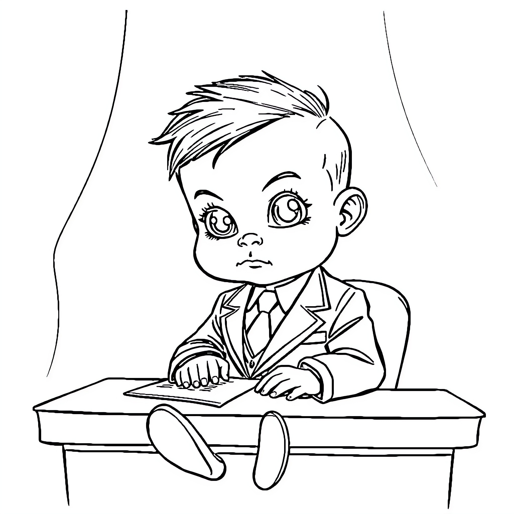 Baby Boss Studying Seriously at Desk Coloring Page (free black-and-white line drawing printable PDF for all, from beginners to advanced learners, including children, teens, adults, and seniors)