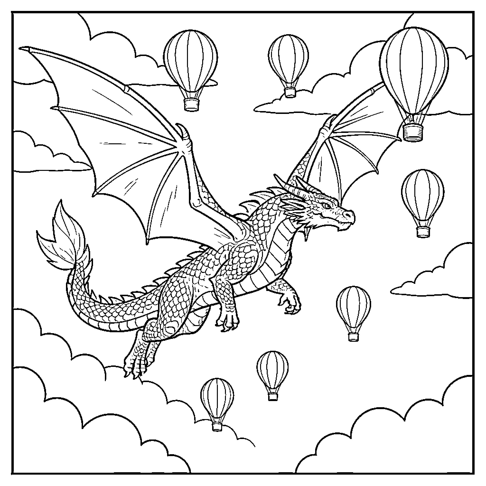 Dragon flying gracefully through a sky filled with hot air balloons Coloring Page (free black-and-white line drawing printable PDF for all, from beginners to advanced learners, including children, teens, adults, and seniors)