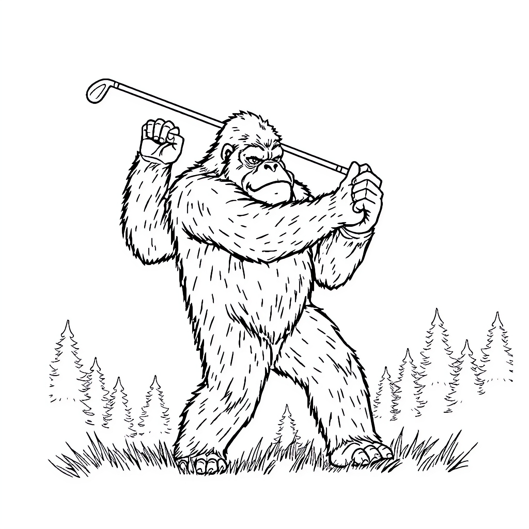 Bigfoot playing golf in the forest Coloring Page (free black-and-white line drawing printable PDF for all, from beginners to advanced learners, including children, teens, adults, and seniors)