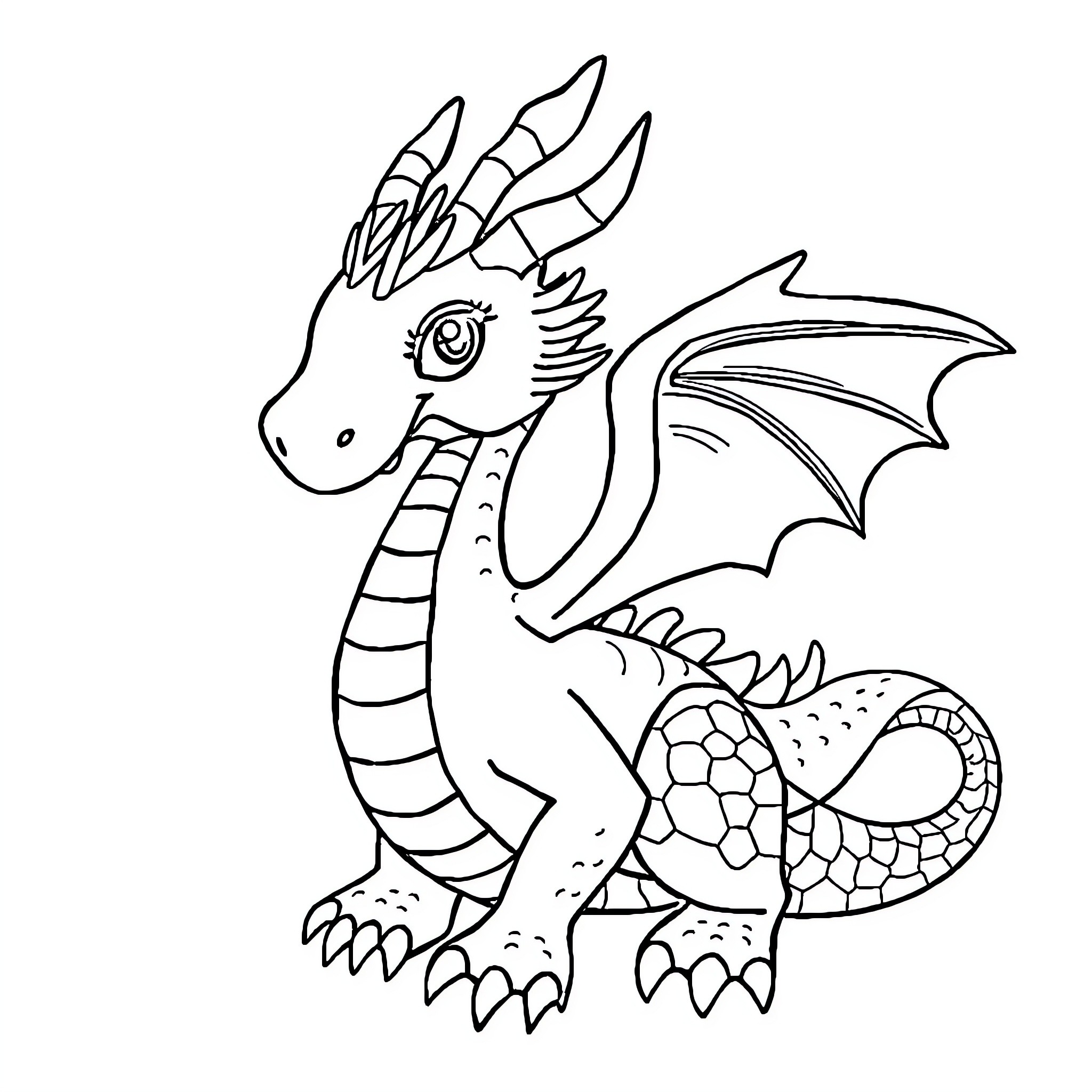 Dragon with detailed wings and horns Coloring Page (free black-and-white line drawing printable PDF for all, from beginners to advanced learners, including children, teens, adults, and seniors)